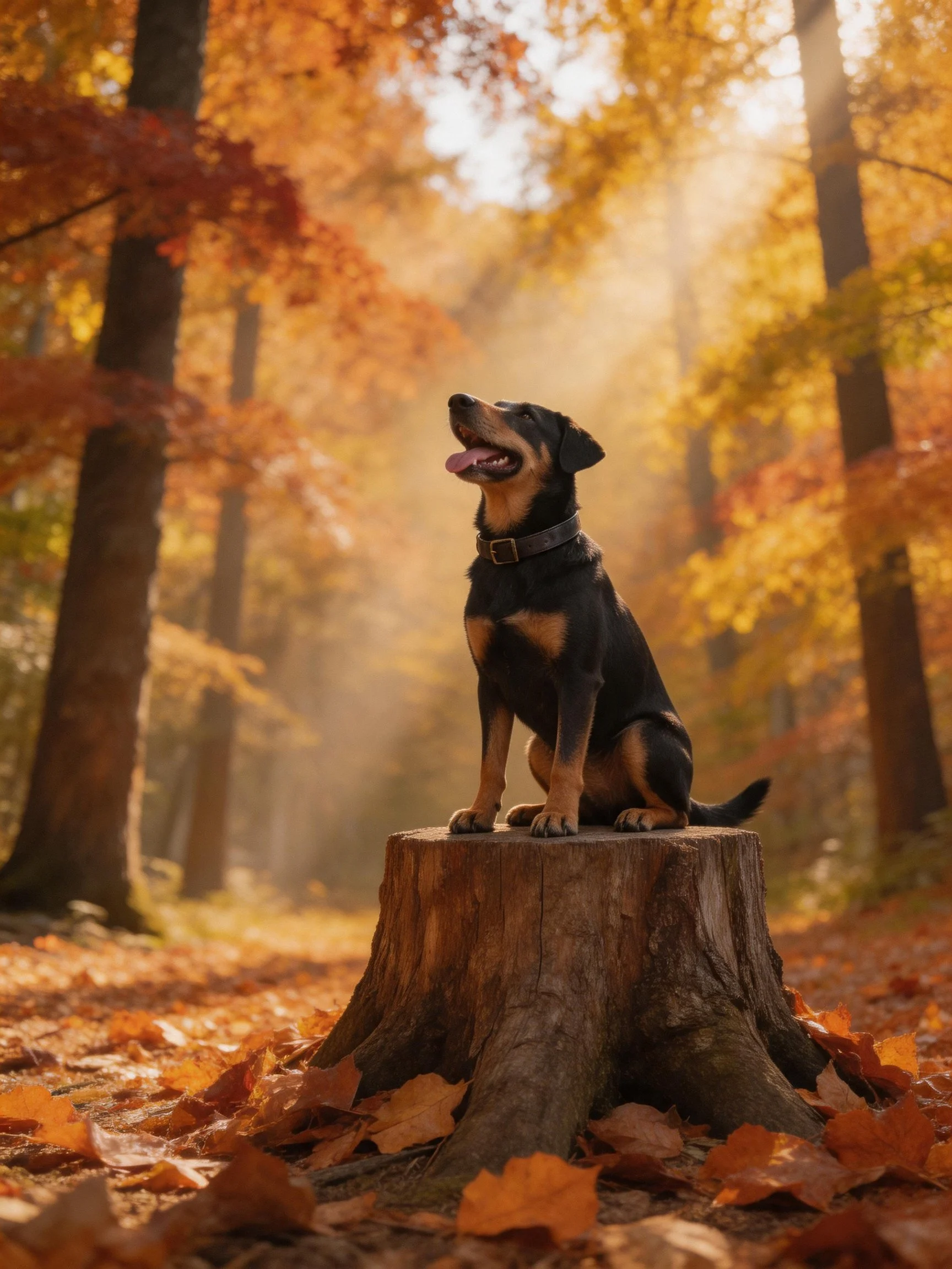 A dog sits on a tree stump in a sunlit autumn forest with golden foliage.