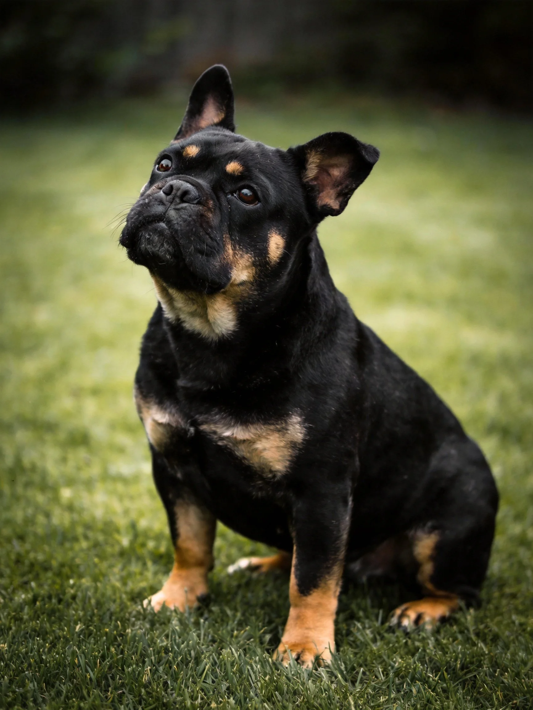 A black and tan dog sits attentively on green grass