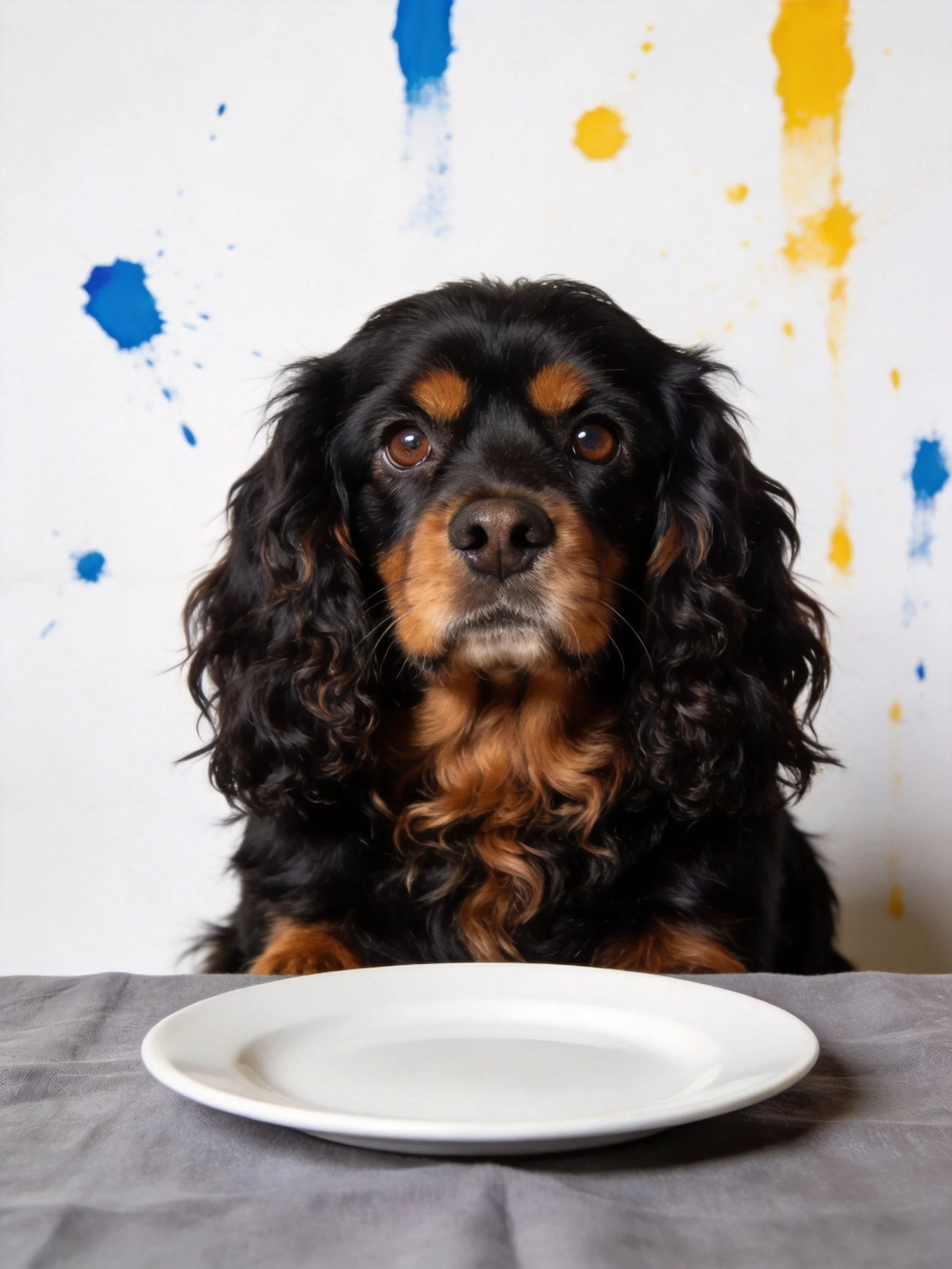 A black and tan dog sits before an empty white plate with colorful paint splatters