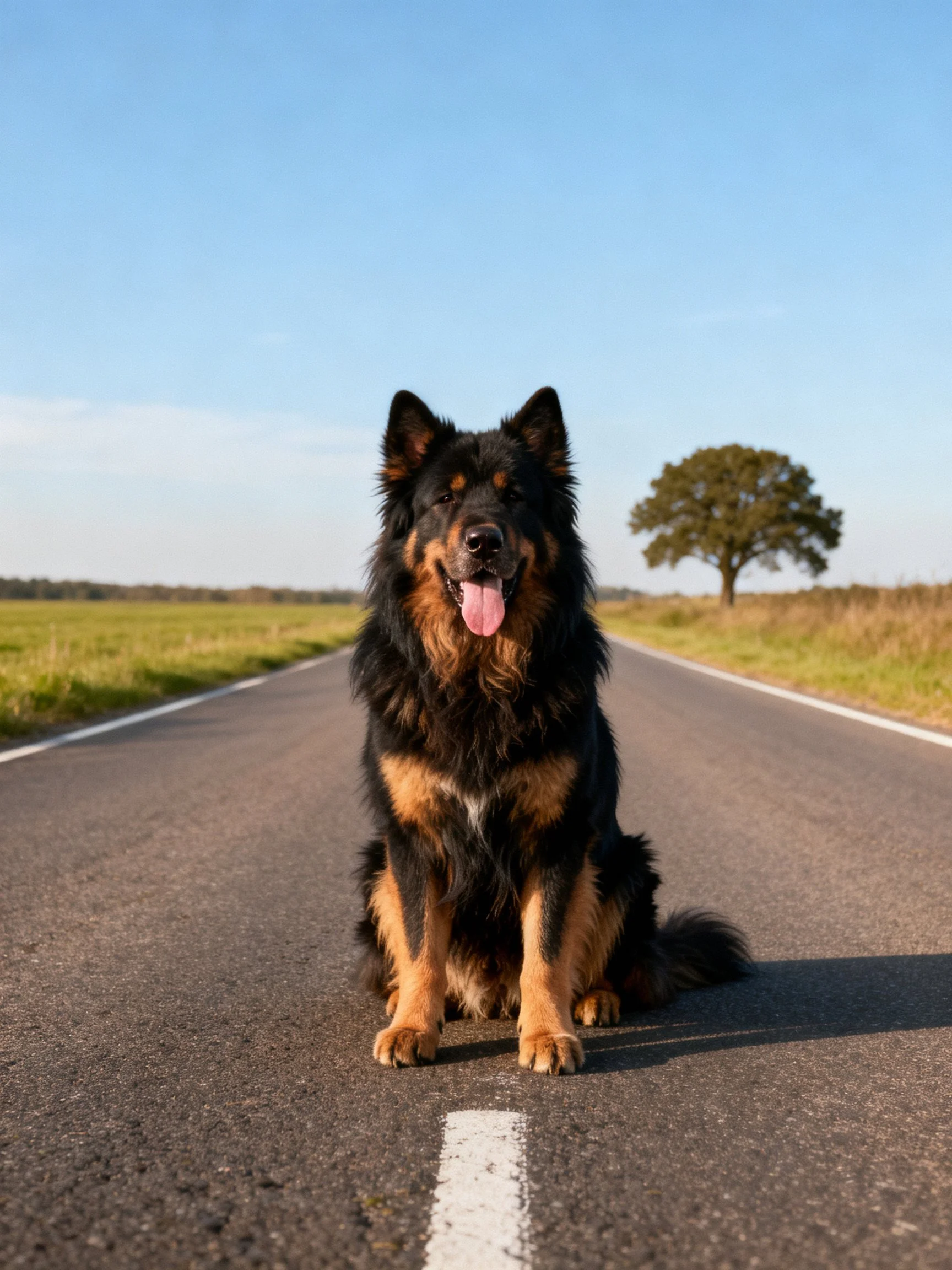 A black and tan dog sits alone on a wide, open asphalt road.