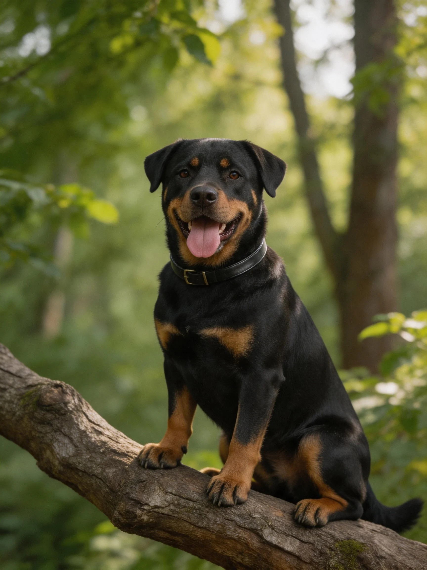 A black and tan dog perches on a tree branch in a verdant forest setting.