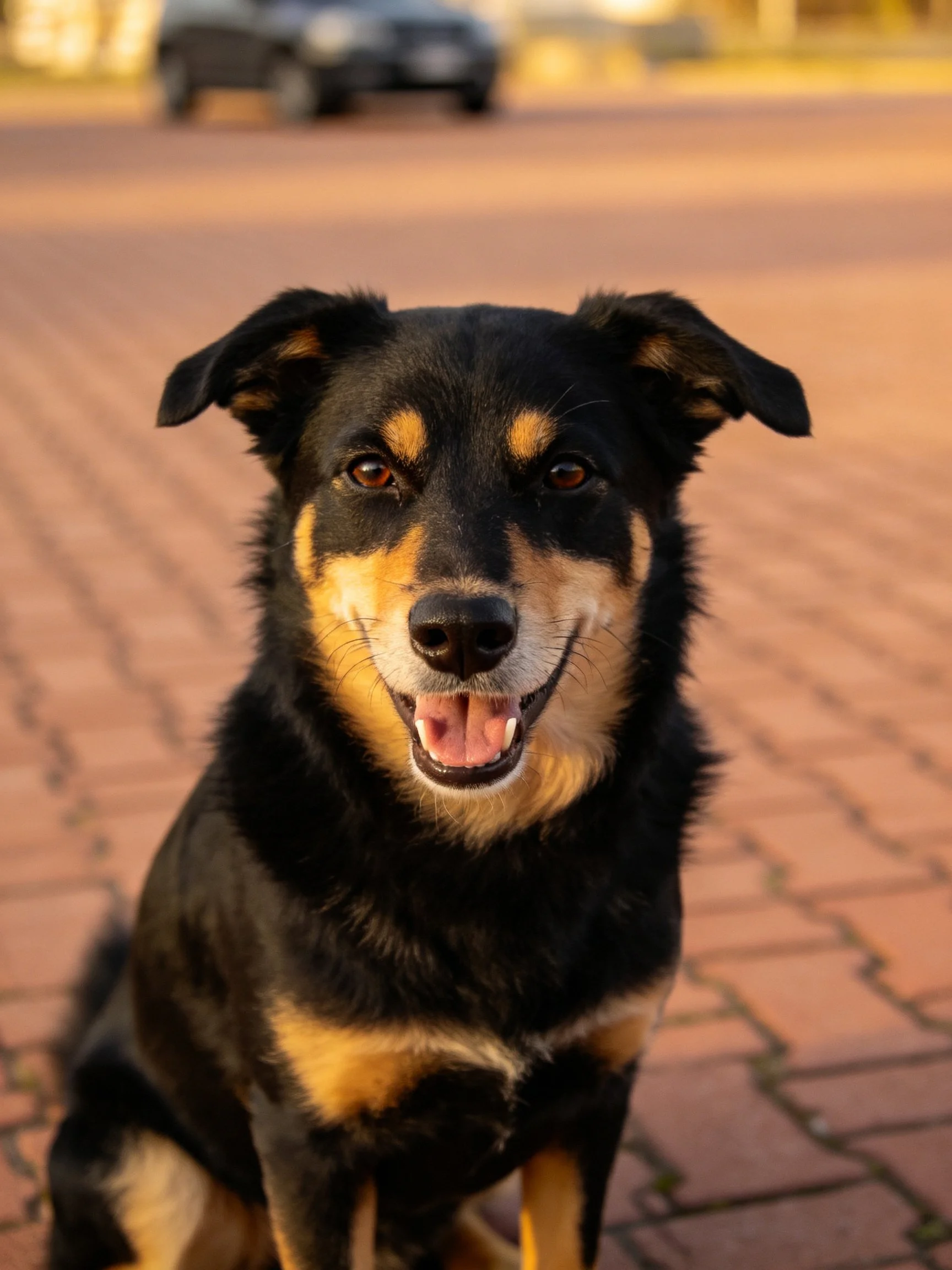A black and tan dog sits happily on a brick-paved area