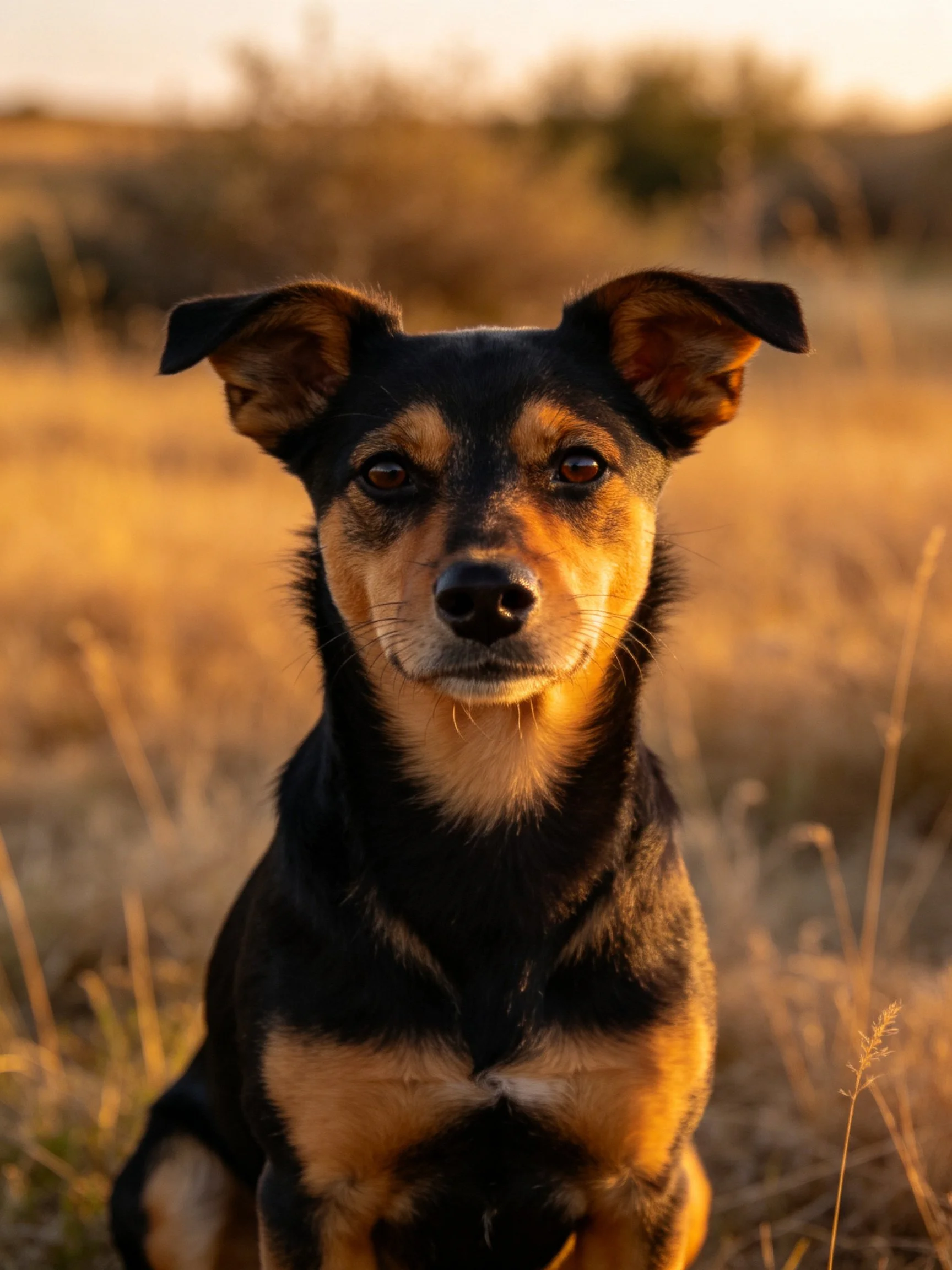 A black and tan dog sits in a sunlit grassy field