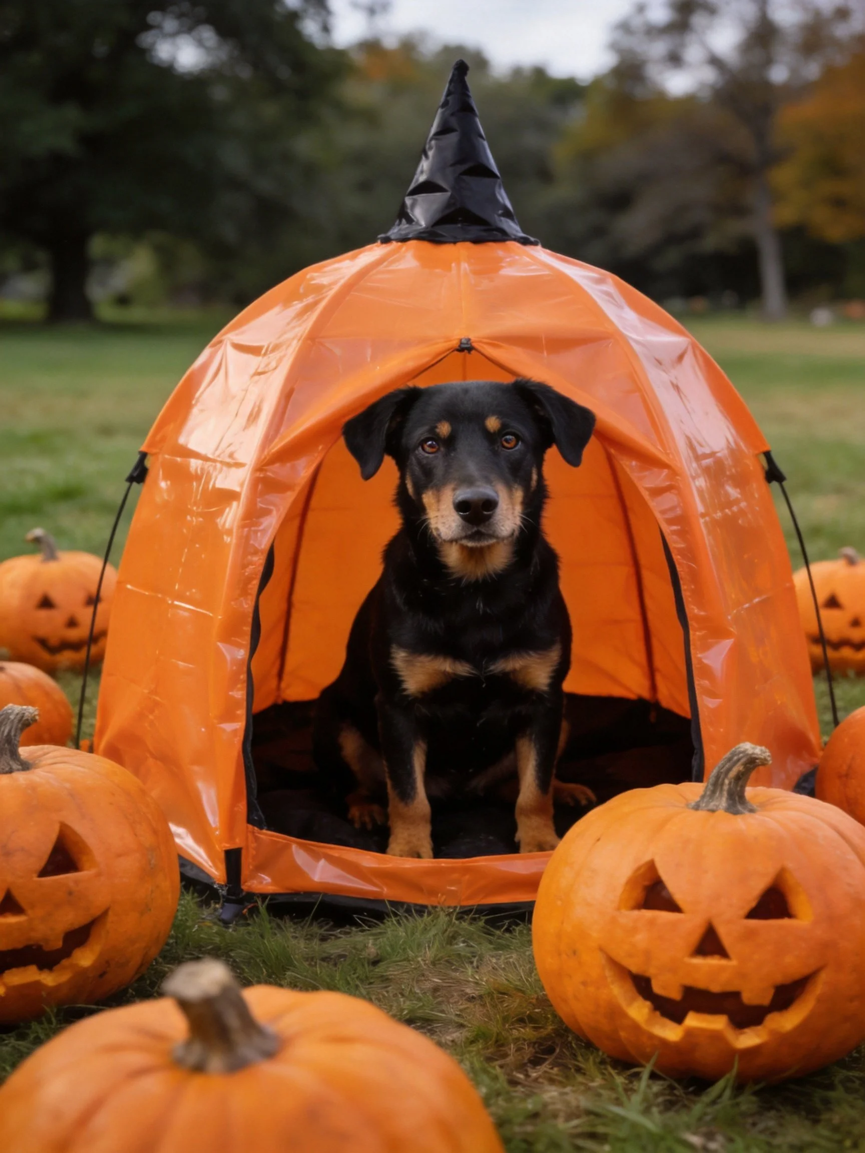 A black and tan dog sits inside an orange Halloween tent near carved pumpkins