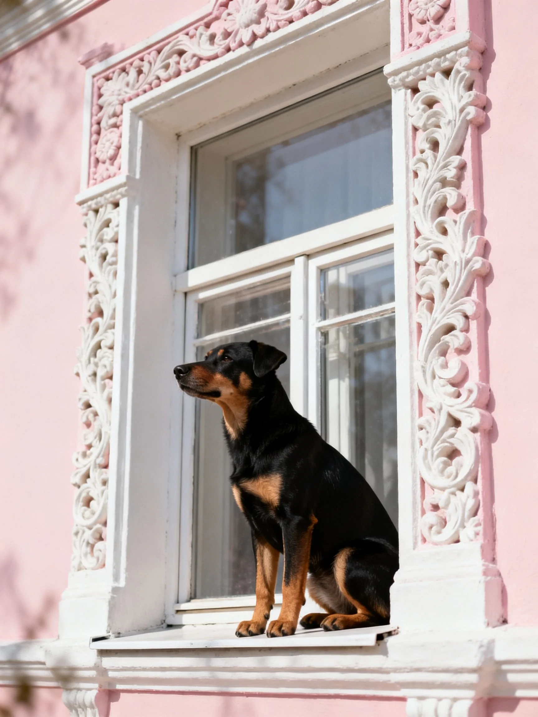 A dog rests on a decorative pink buildings window ledge.