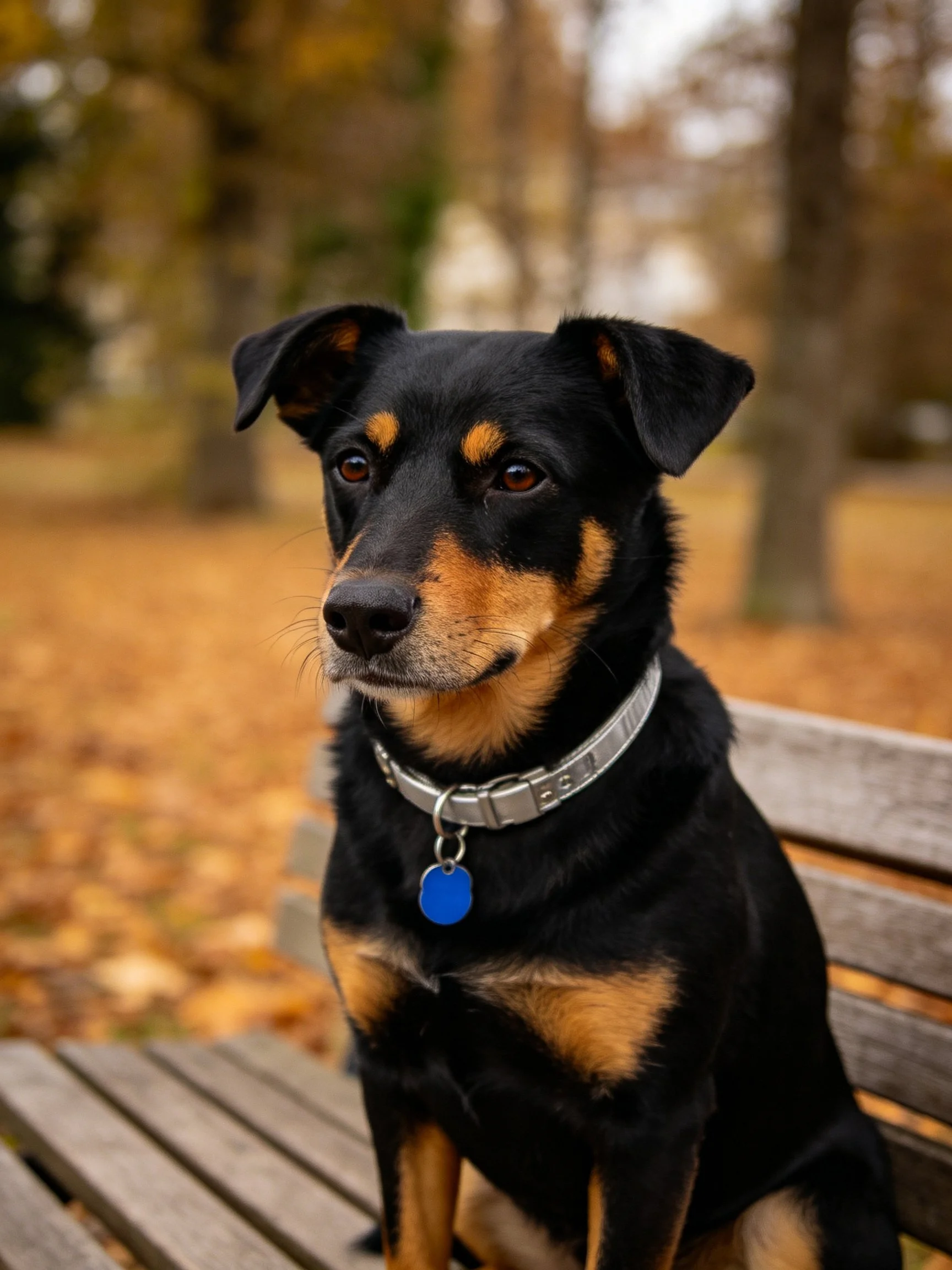 A black and tan dog rests calmly on a wooden bench in an autumn park.