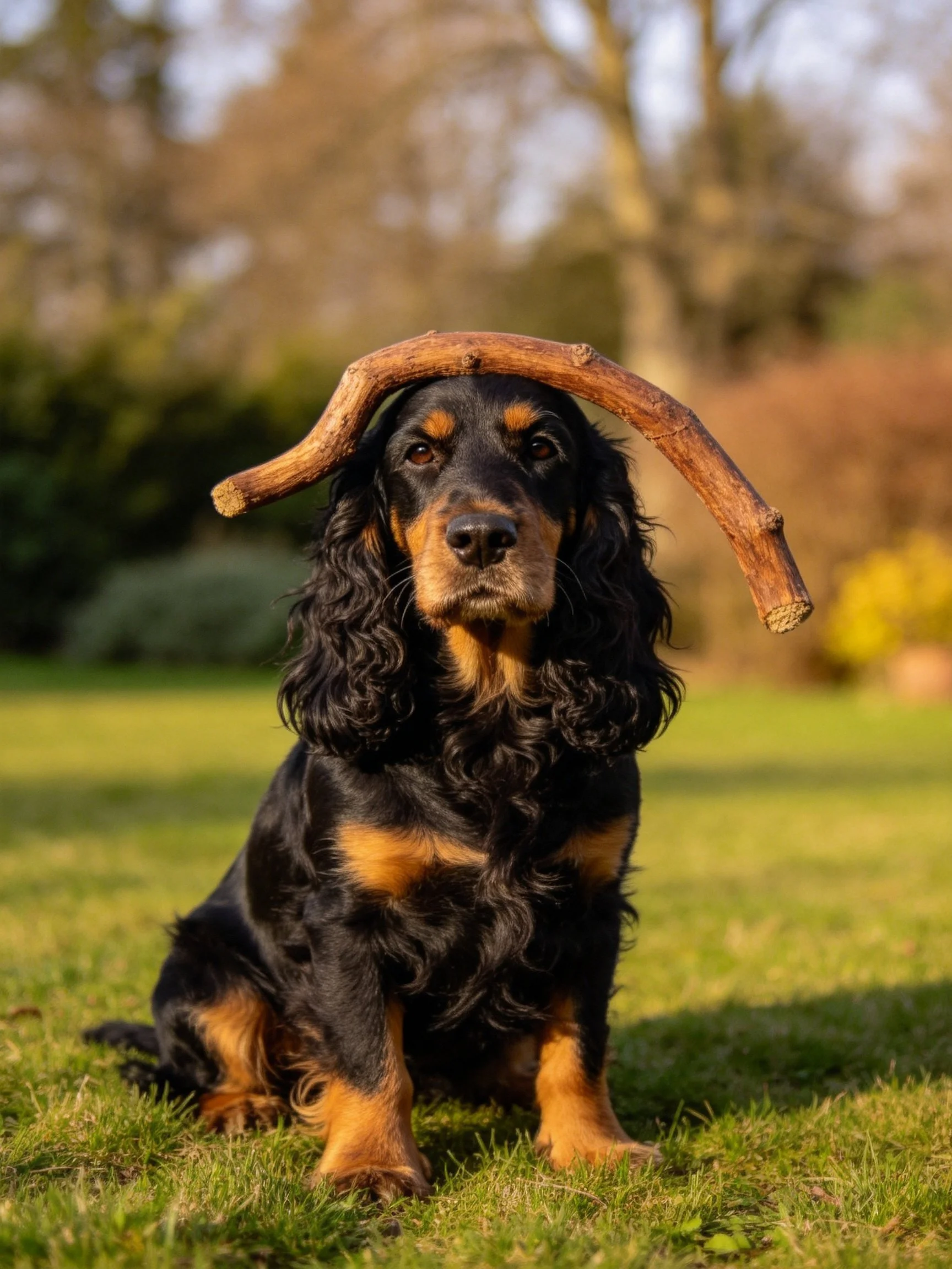 A black and tan dog sits on grass with a large branch balanced on its head.