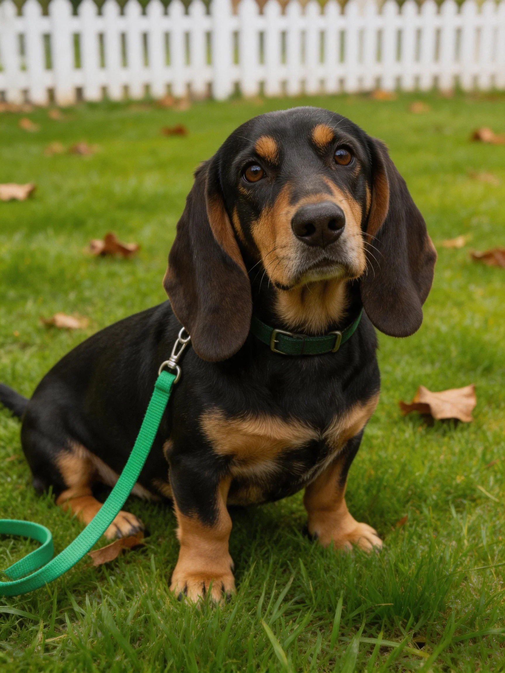 A black and tan dog sits calmly on grass with a white fence in the background.