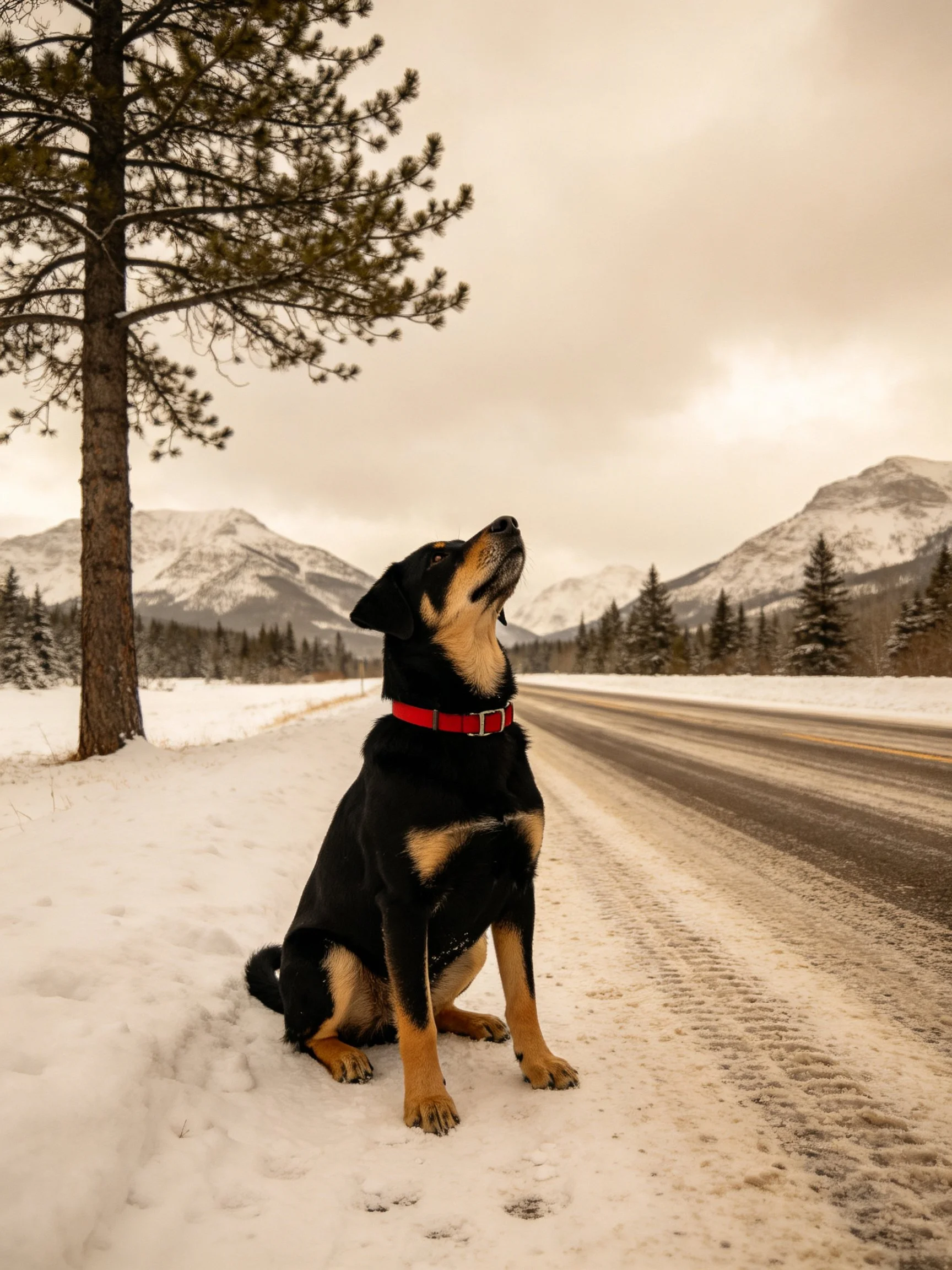 A black and tan dog sits on snow near a mountainous road.