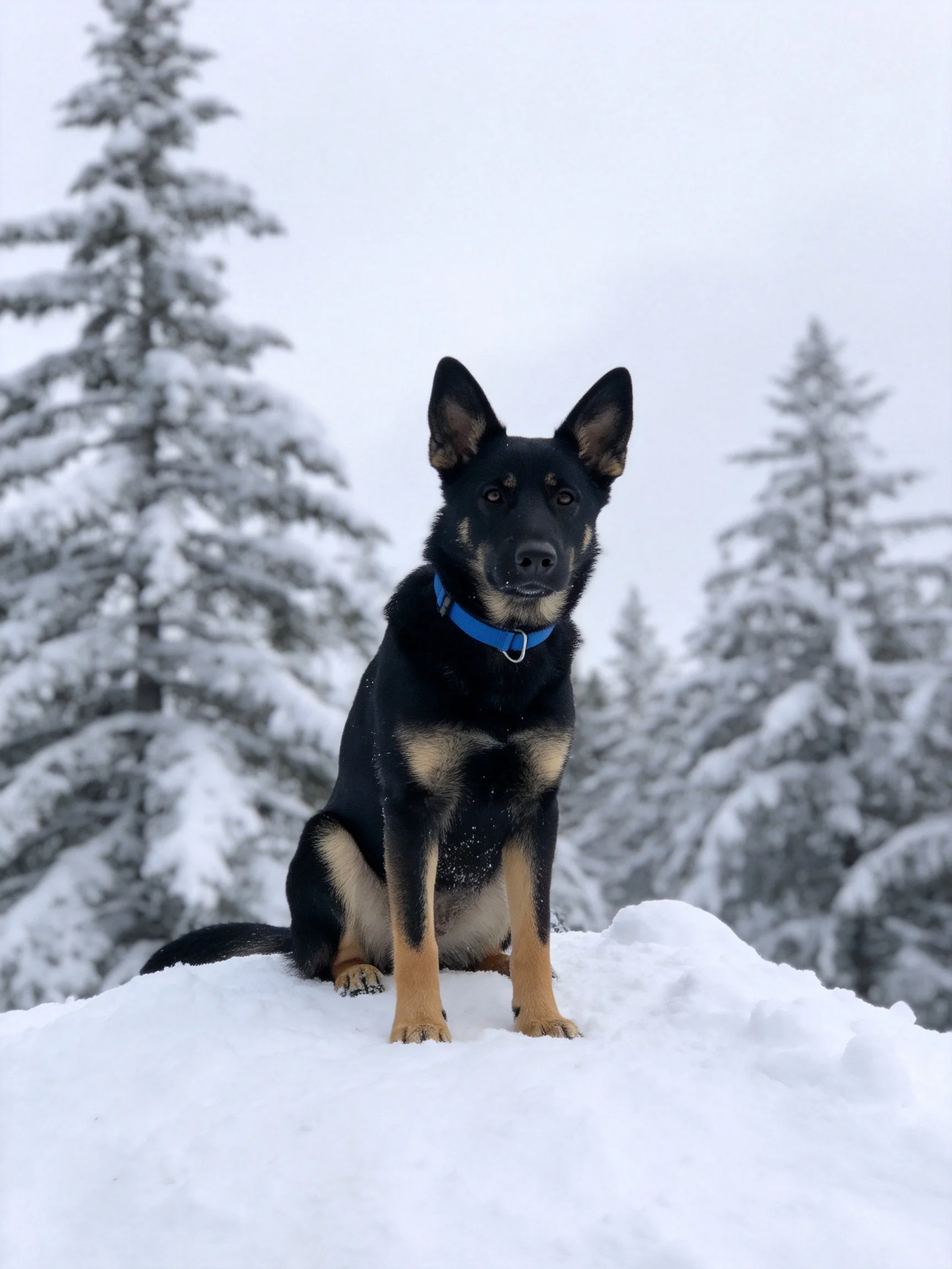 A German Shepherd - like dog sits on snow with snow - covered pine trees in it