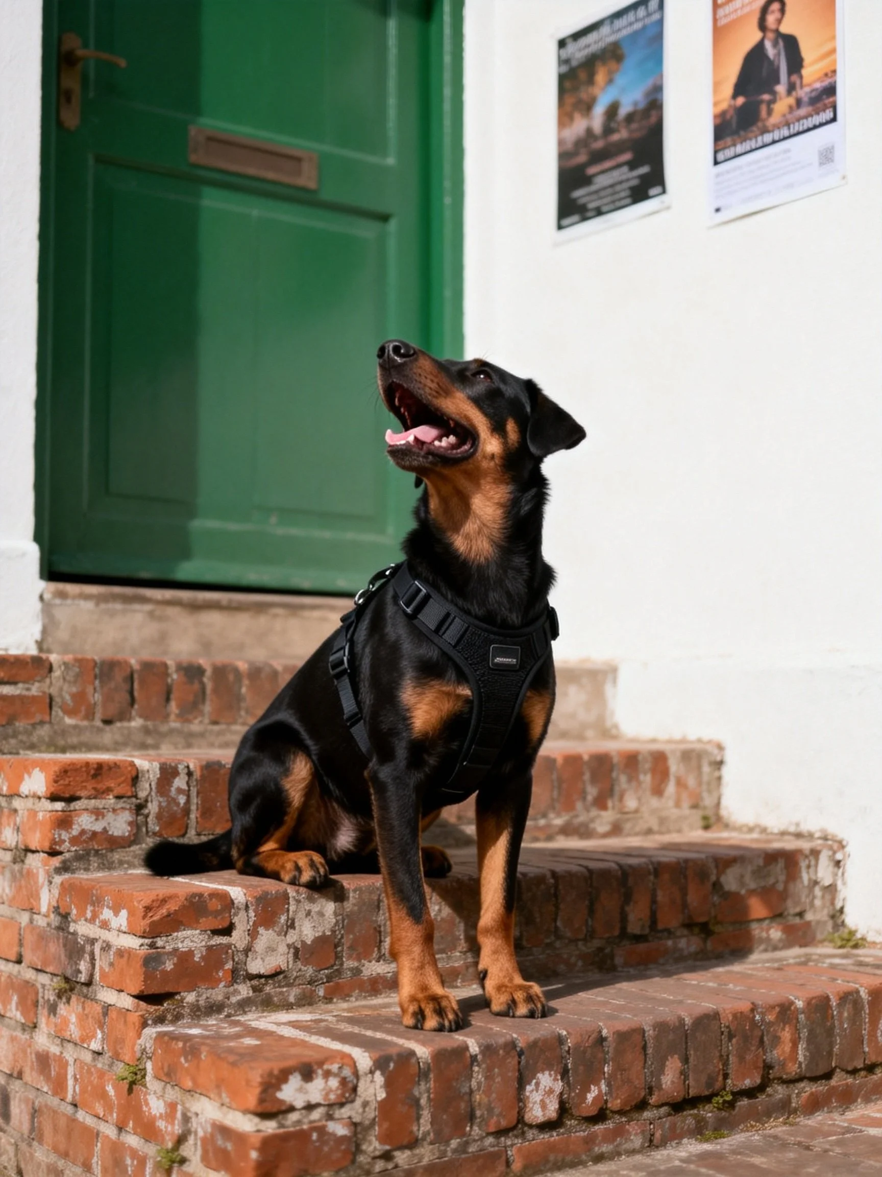 A black and tan dog sits on weathered brick steps near a green door