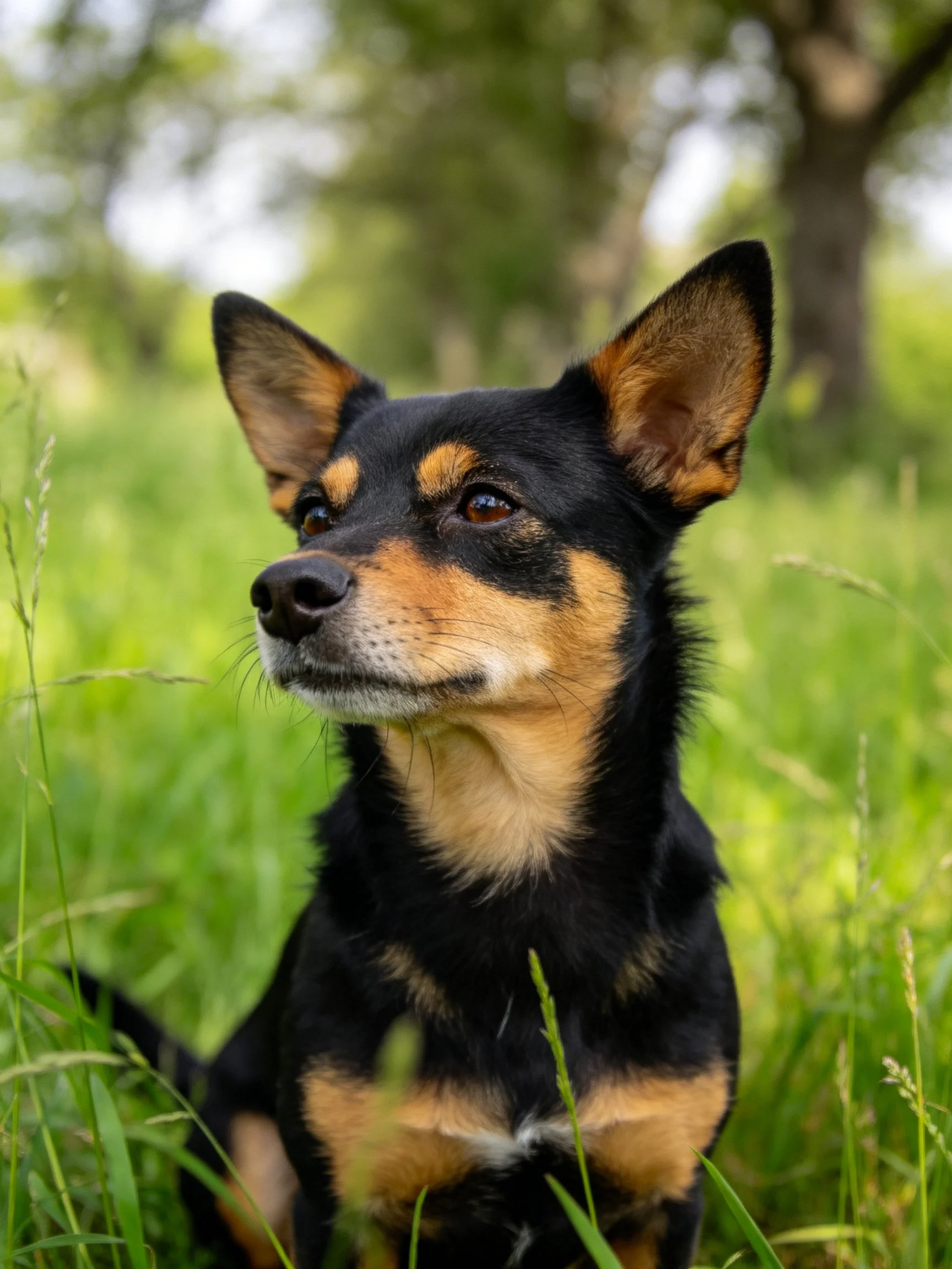 A black and tan dog stands alertly in a field of tall green grass.