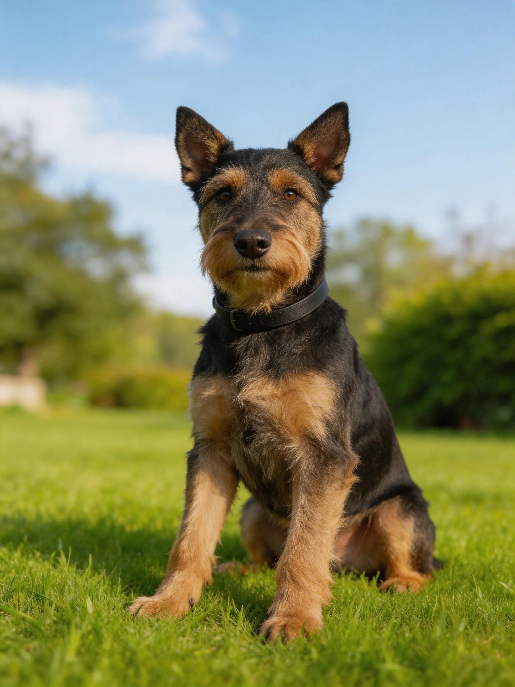 A black and tan dog sits on green grass in a sunny outdoor setting.