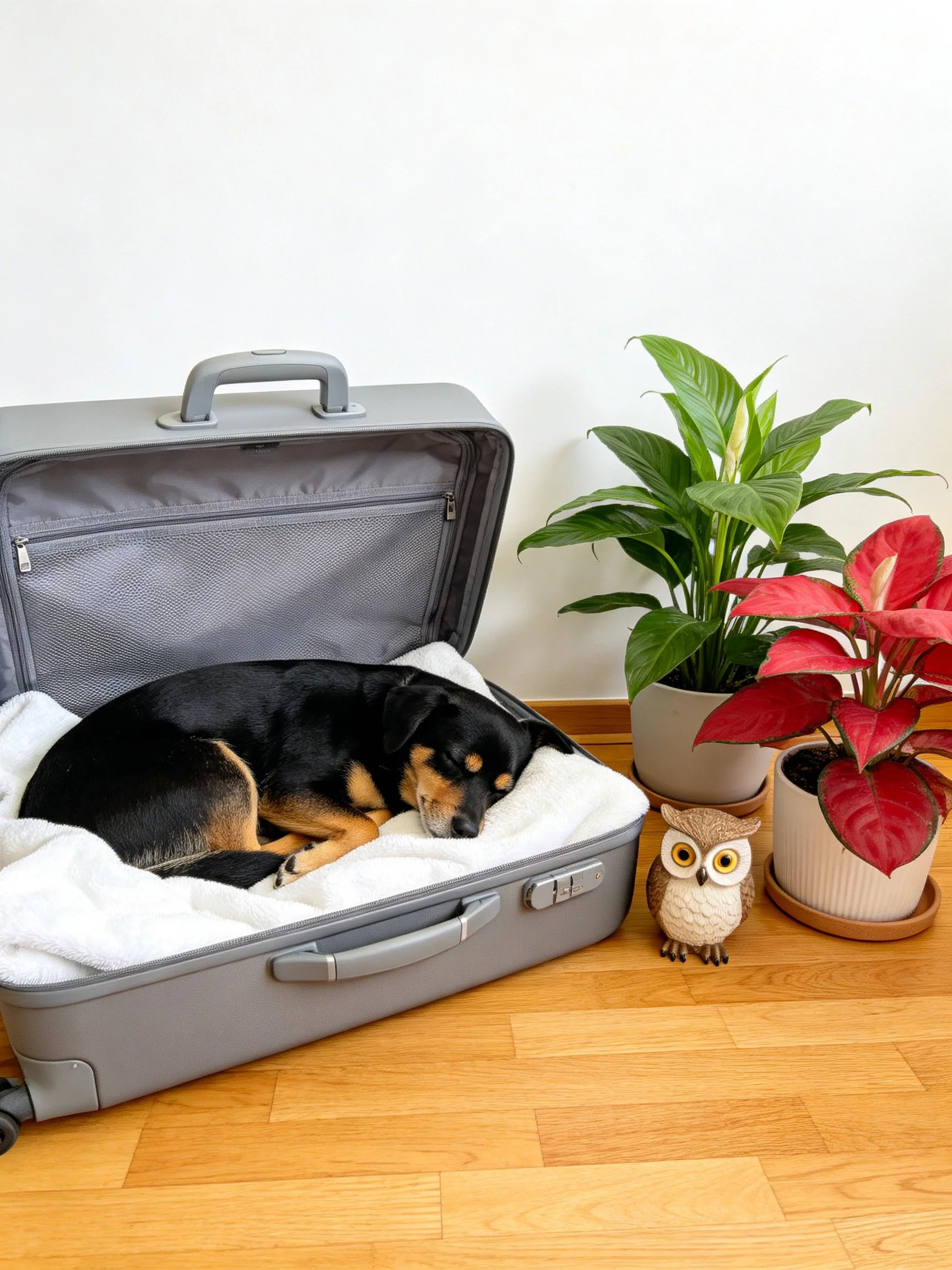 A dog sleeps in a suitcase near potted plants