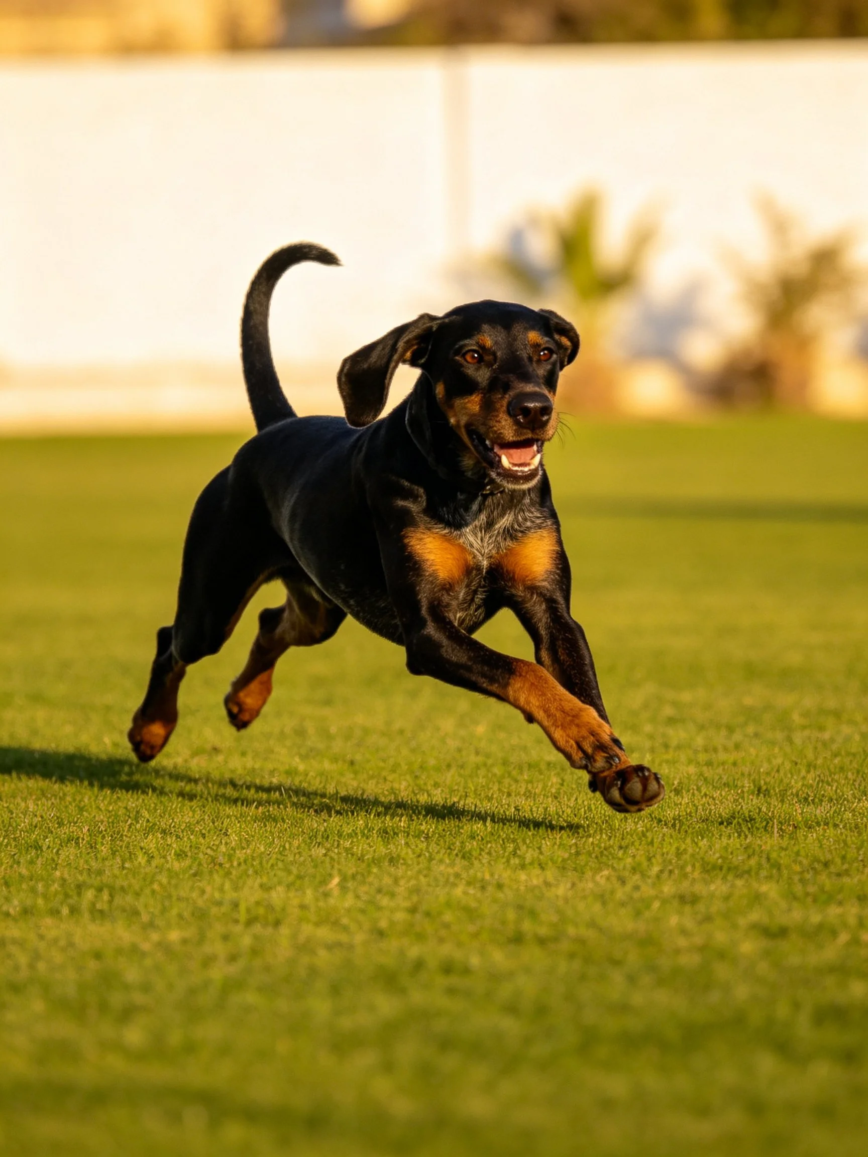 A black and tan dog runs energetically on a grassy field.