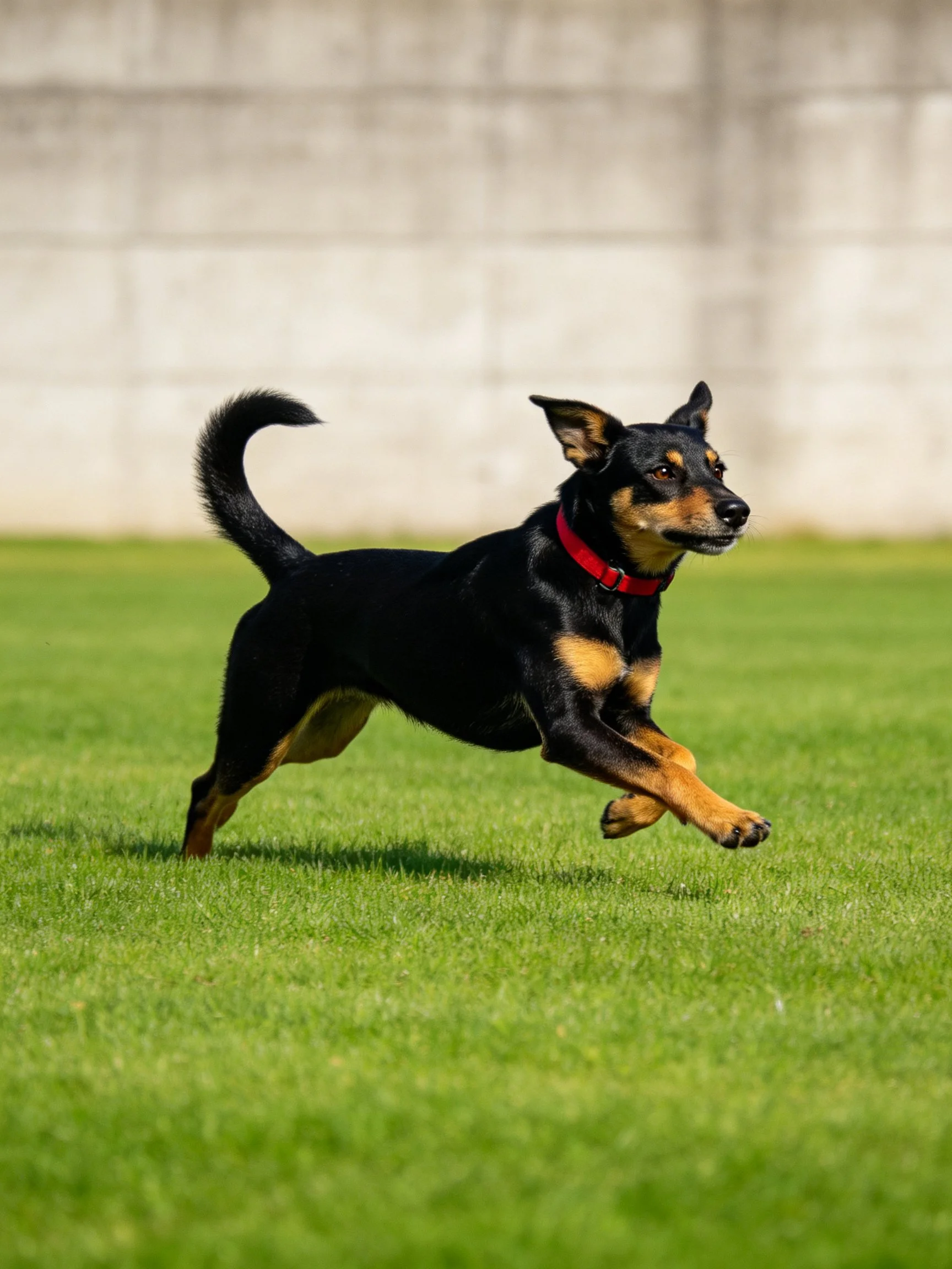 A black and tan dog sprints across vibrant green grass near a concrete wall