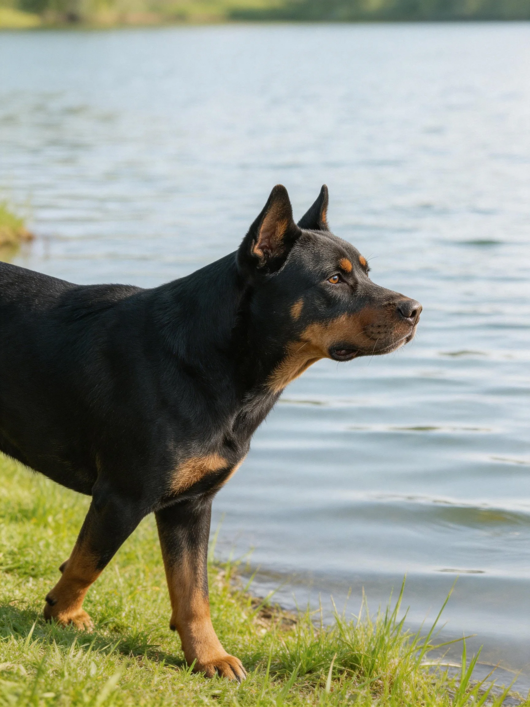A black and tan dog stands alert near a calm body of water.