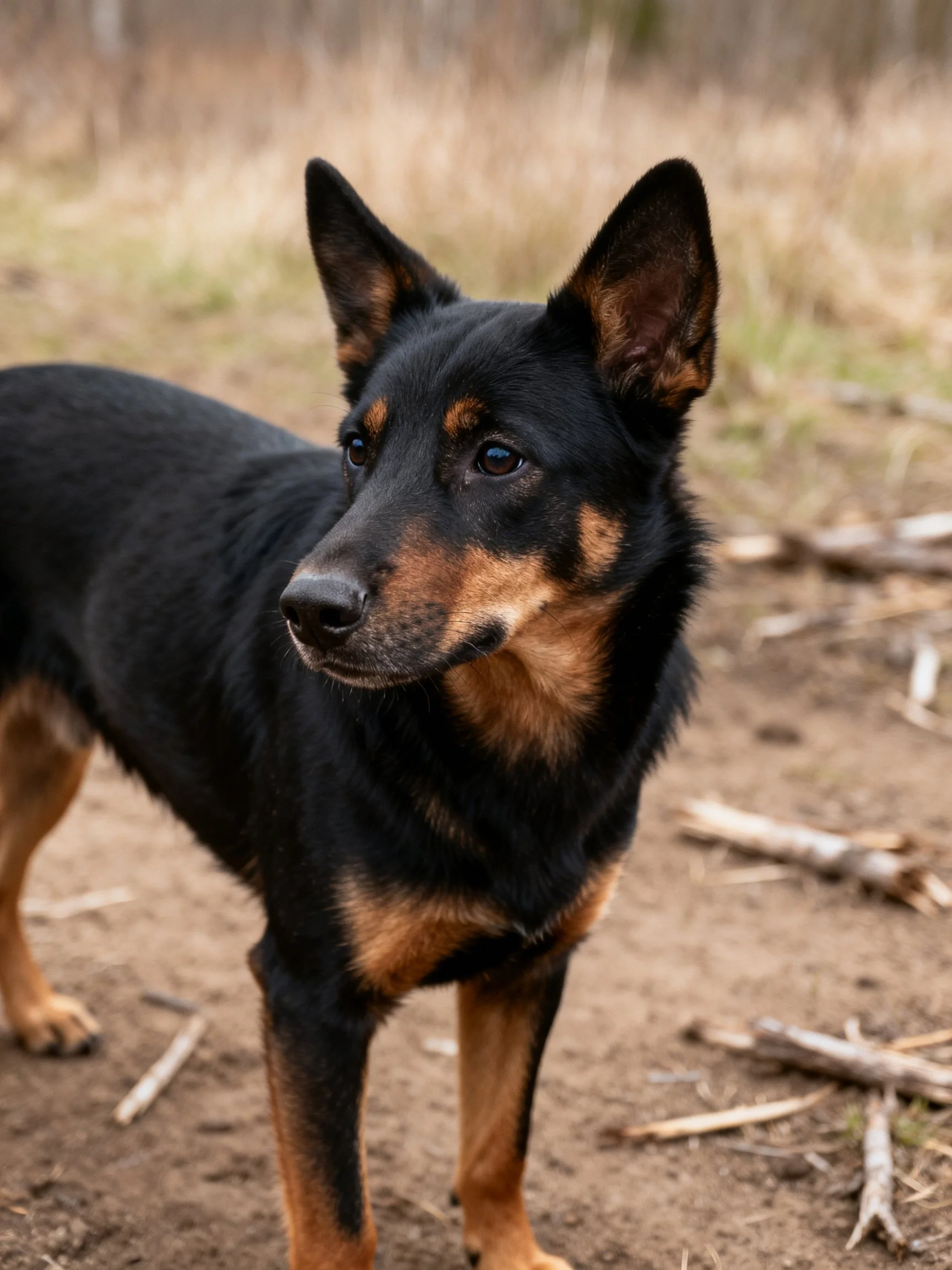 A black and tan dog stands alert in a natural outdoor setting