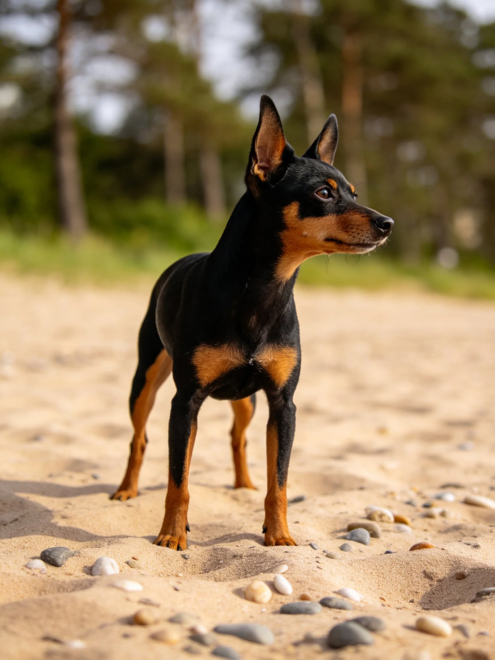 A black and tan dog stands alert on sandy ground with scattered pebbles