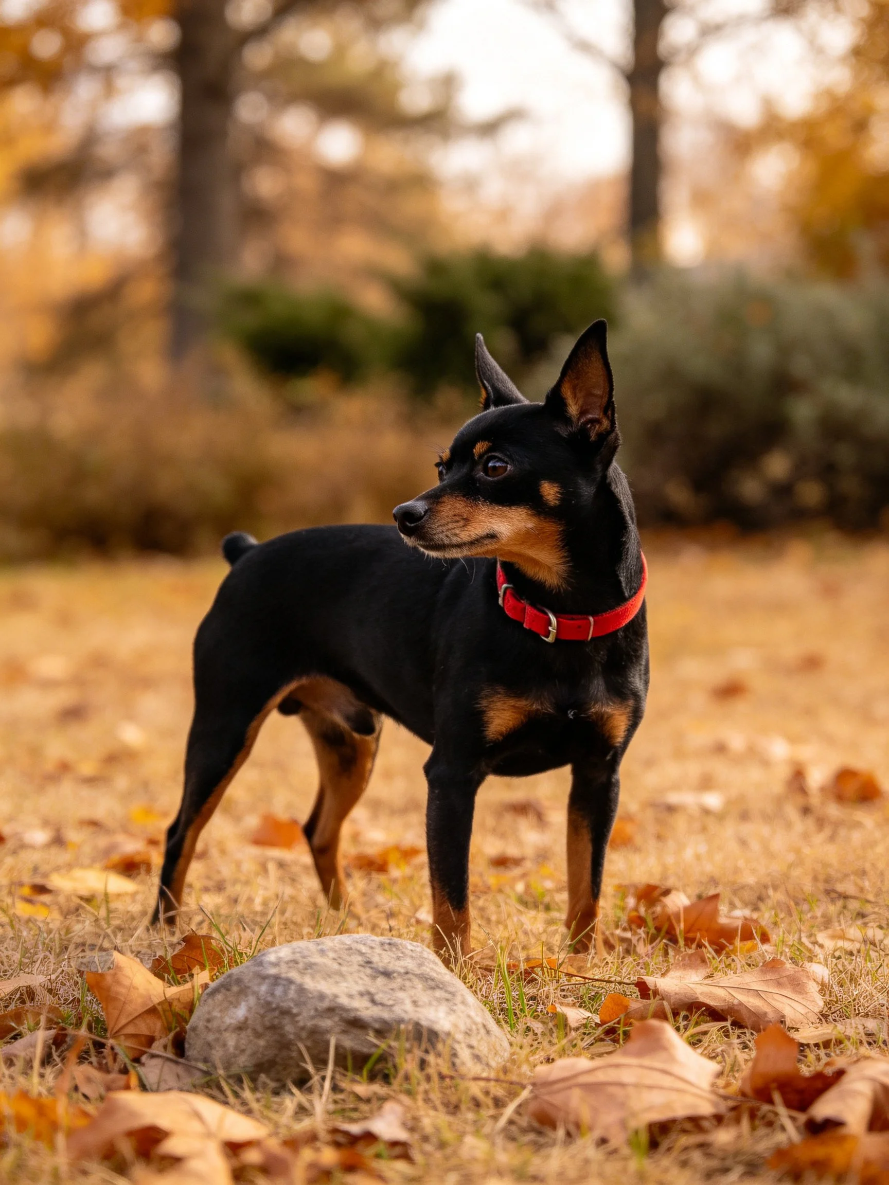 A small black and tan dog stands alert in an autumn landscape.