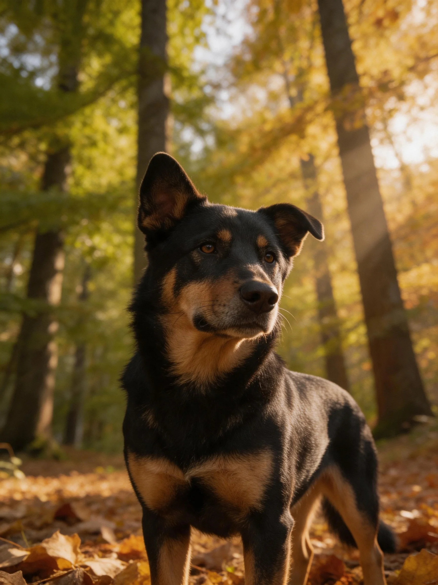A black and tan dog stands among golden autumn leaves in a sunlit forest