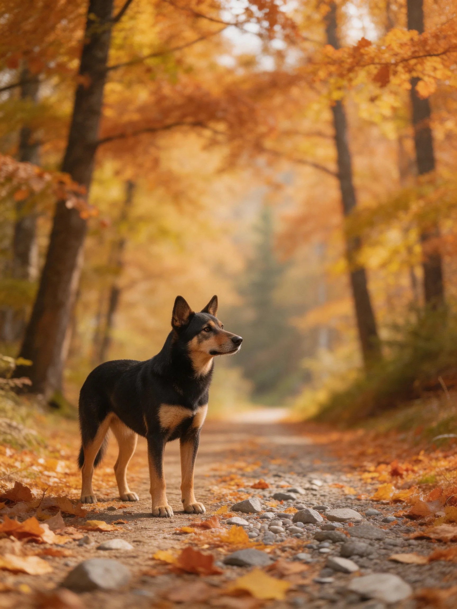 A dog stands on a leafy path surrounded by autumn trees.