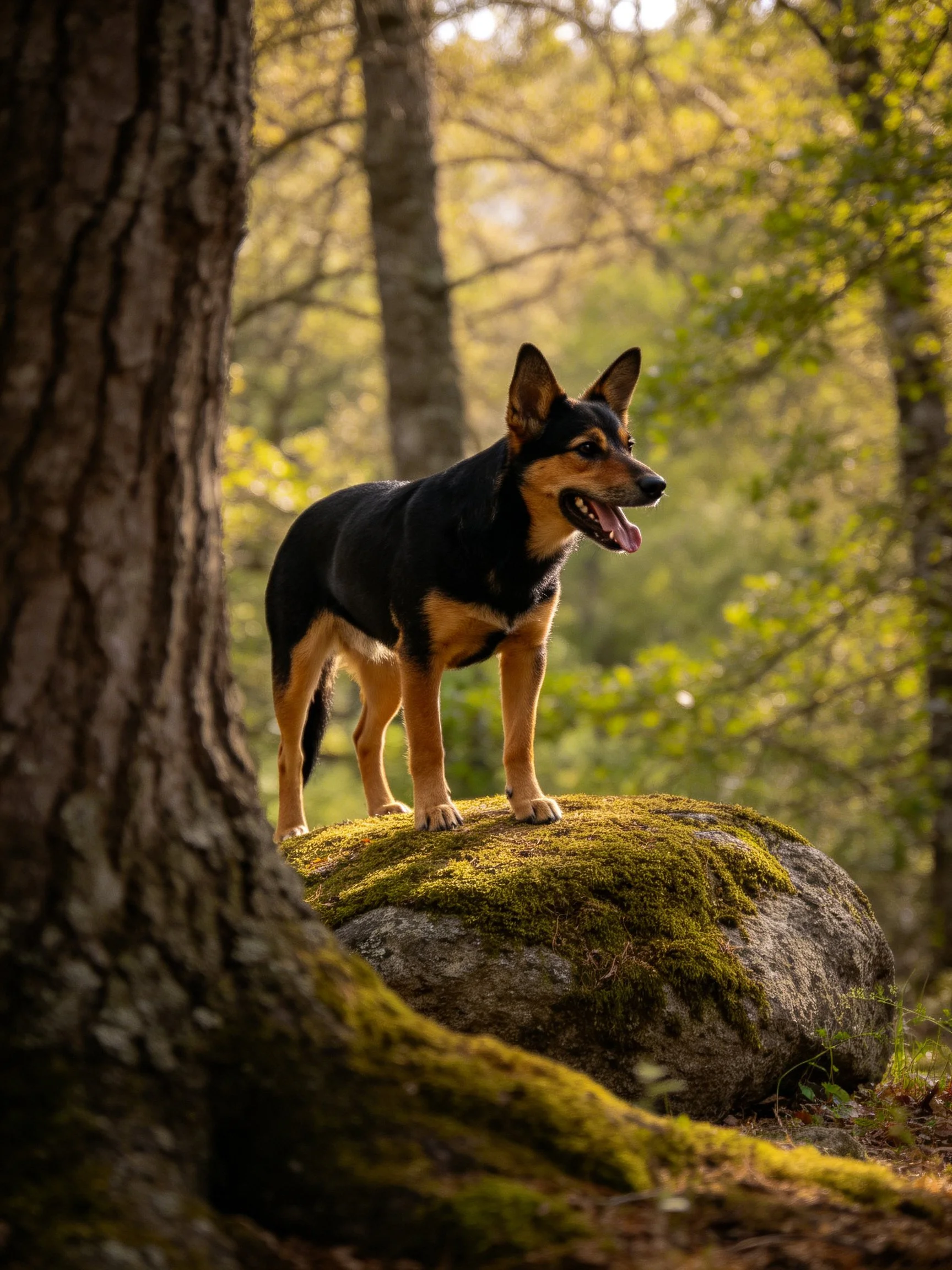 A black and tan dog stands on a moss-covered rock in a sunlit forest