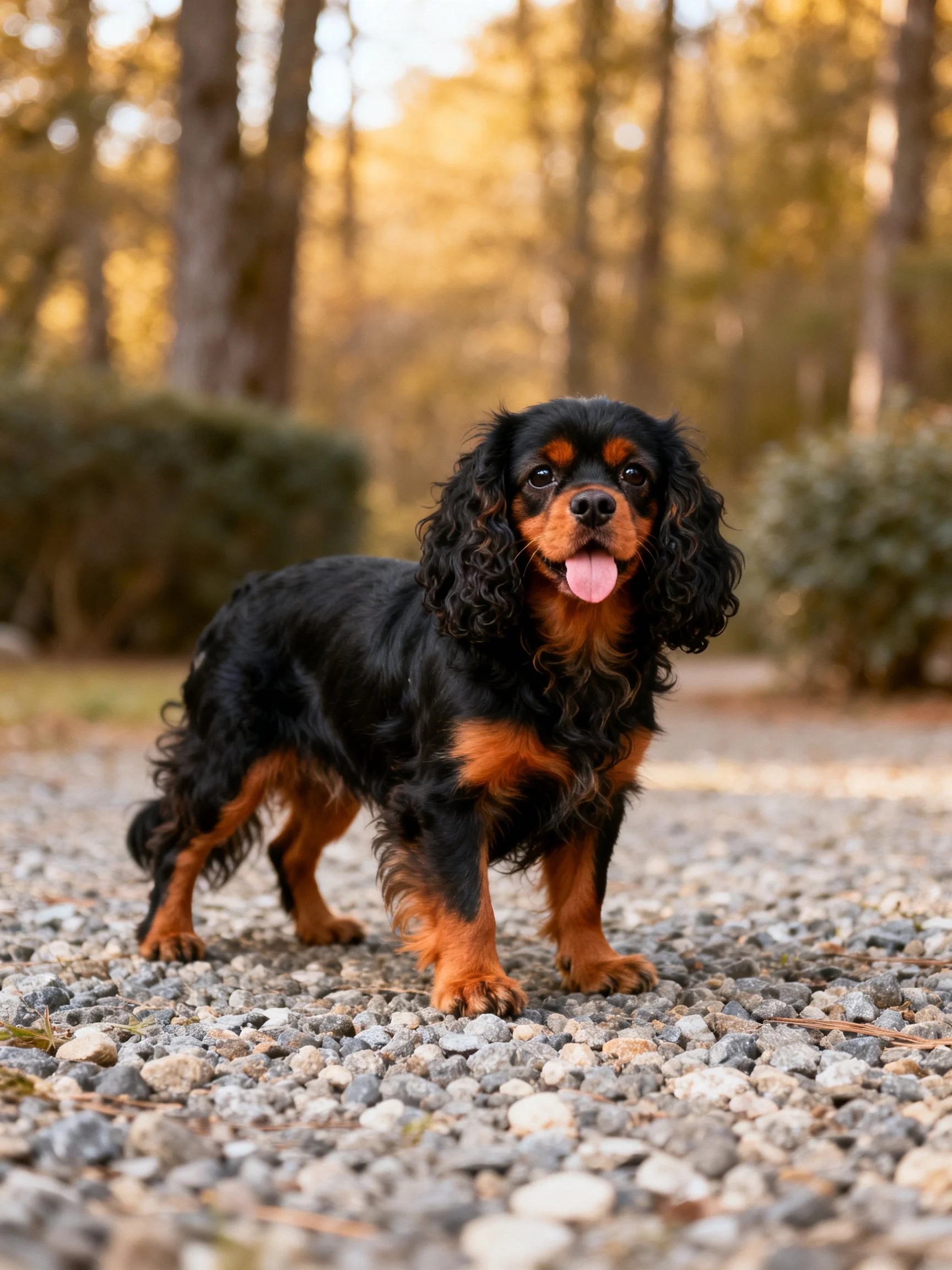 A black and tan dog stands on gravel near golden-leaved trees