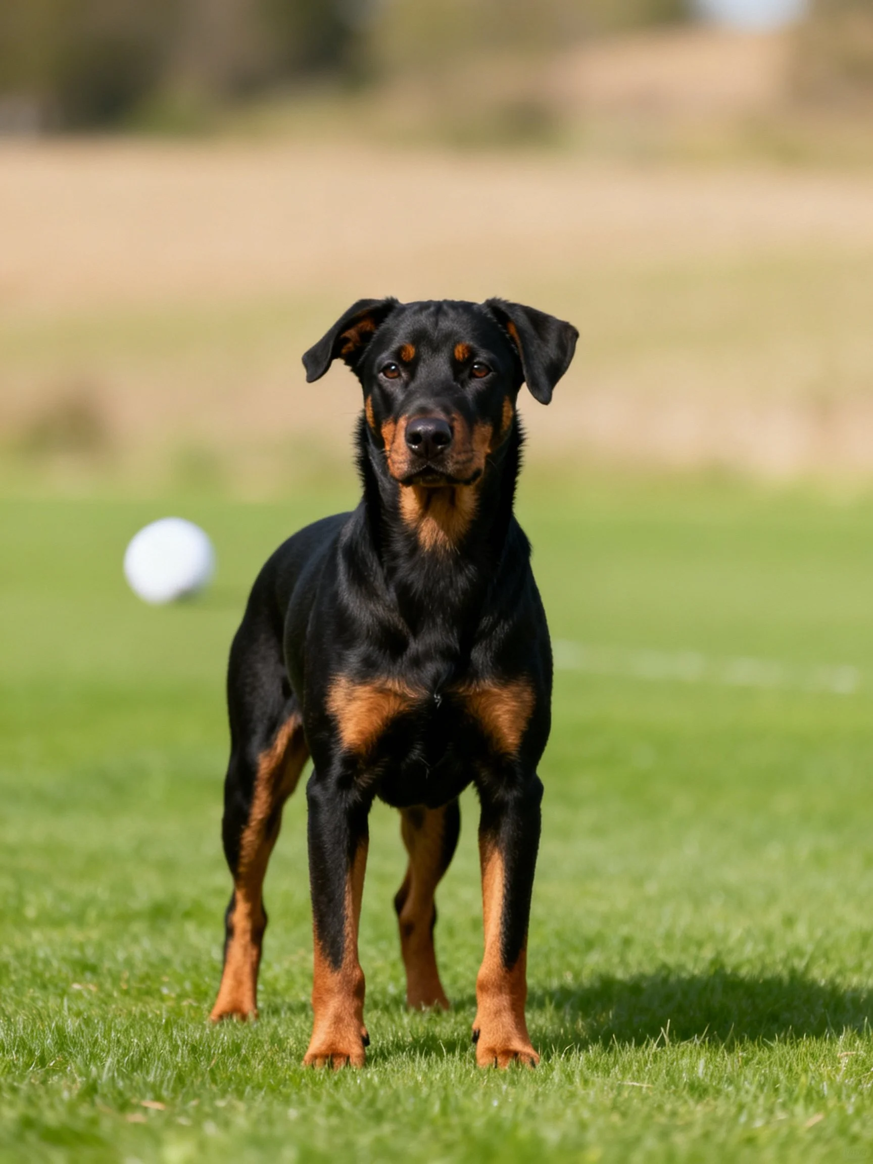 A black and tan dog stands on green grass with a white ball in the background.