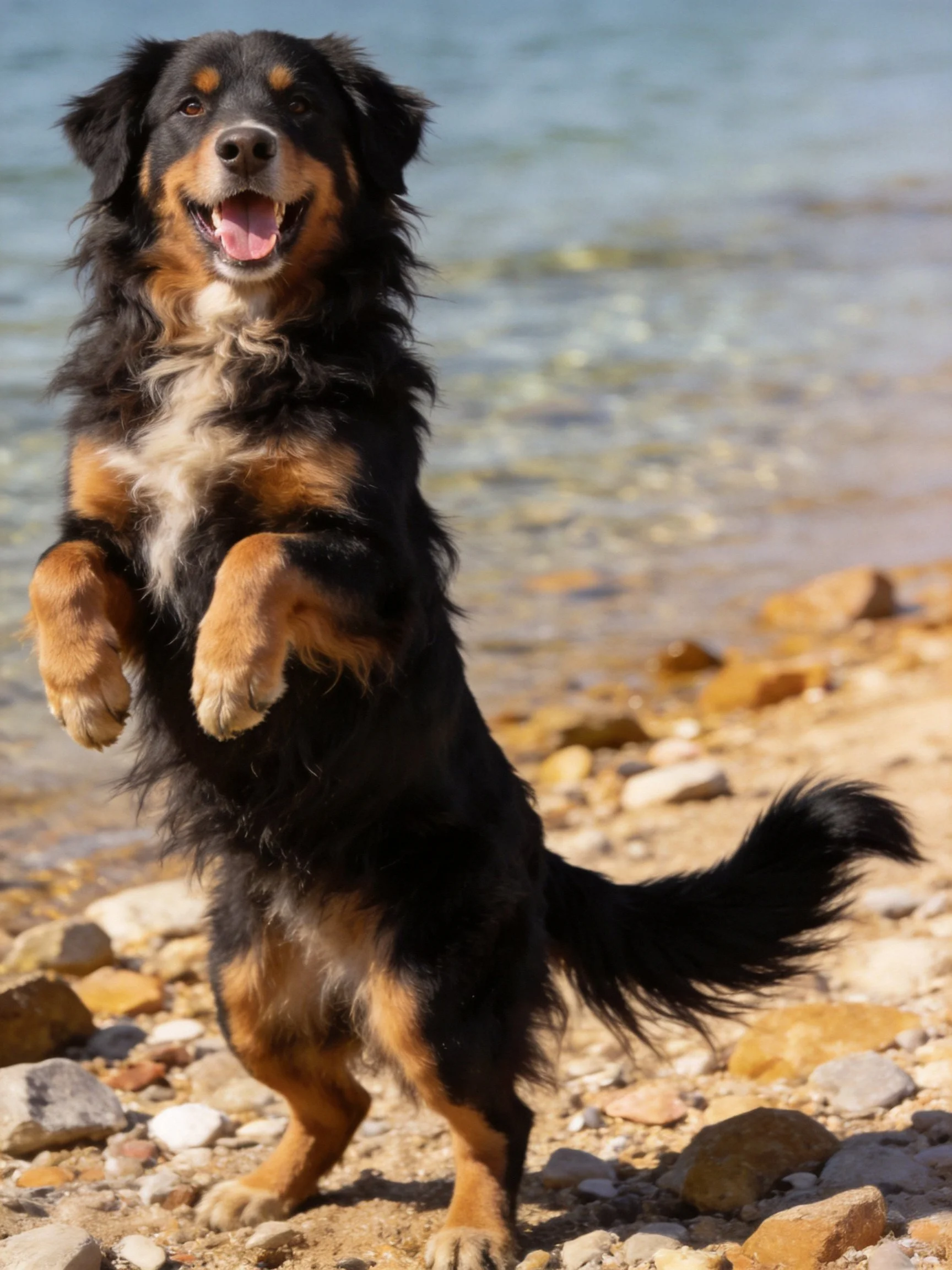 A black and tan dog stands on hind legs by rocky shoreline
