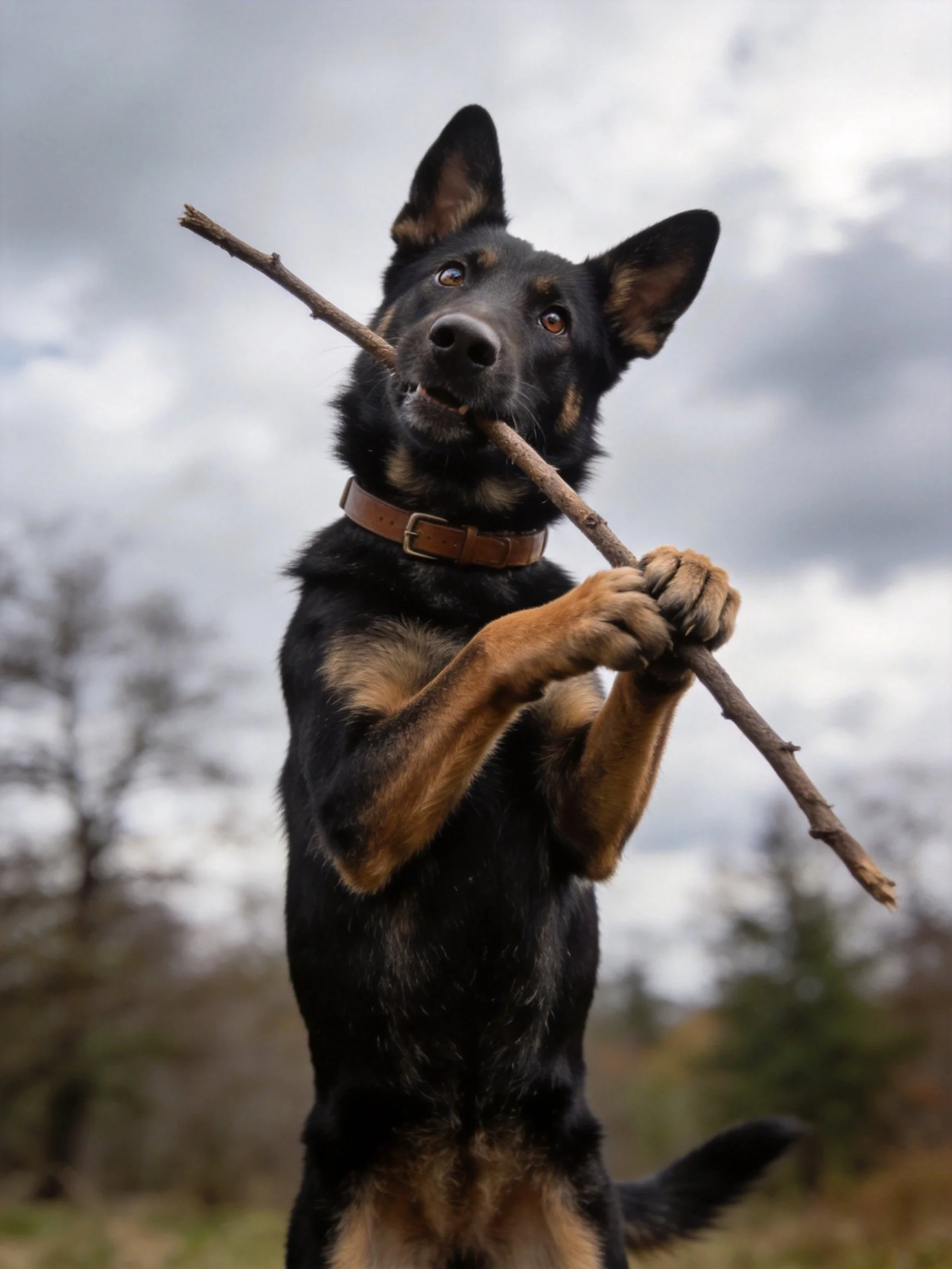 A black and tan dog stands on hind legs gripping a long brown stick outdoors