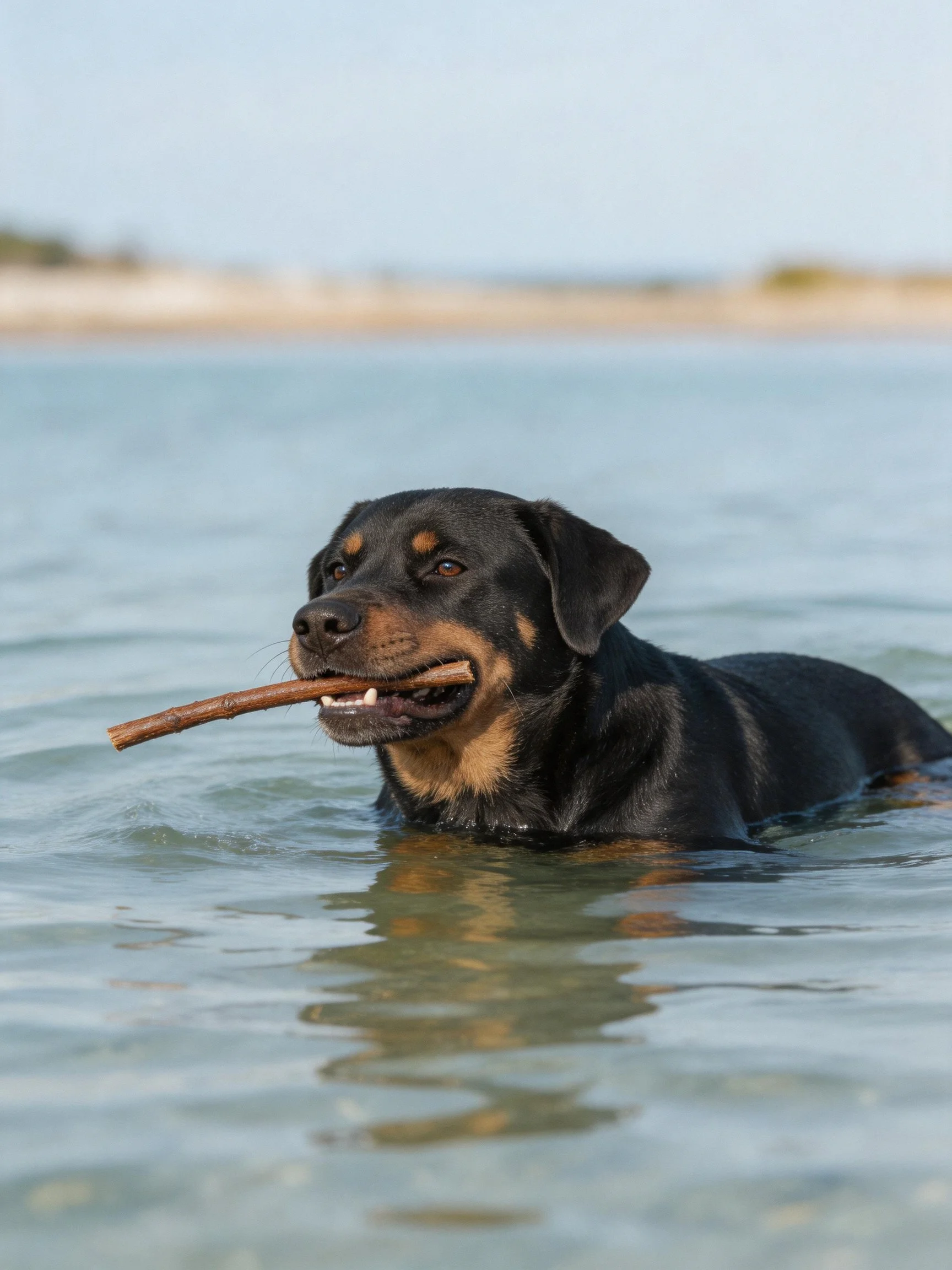 A black and tan dog swims in calm water while carrying a stick