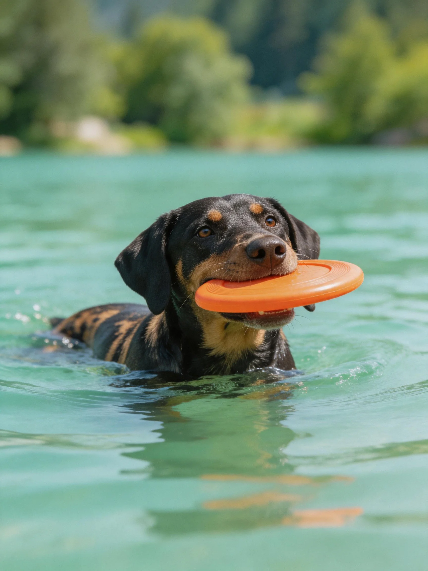 A black and tan dog carries an orange frisbee while swimming in turquoise water.