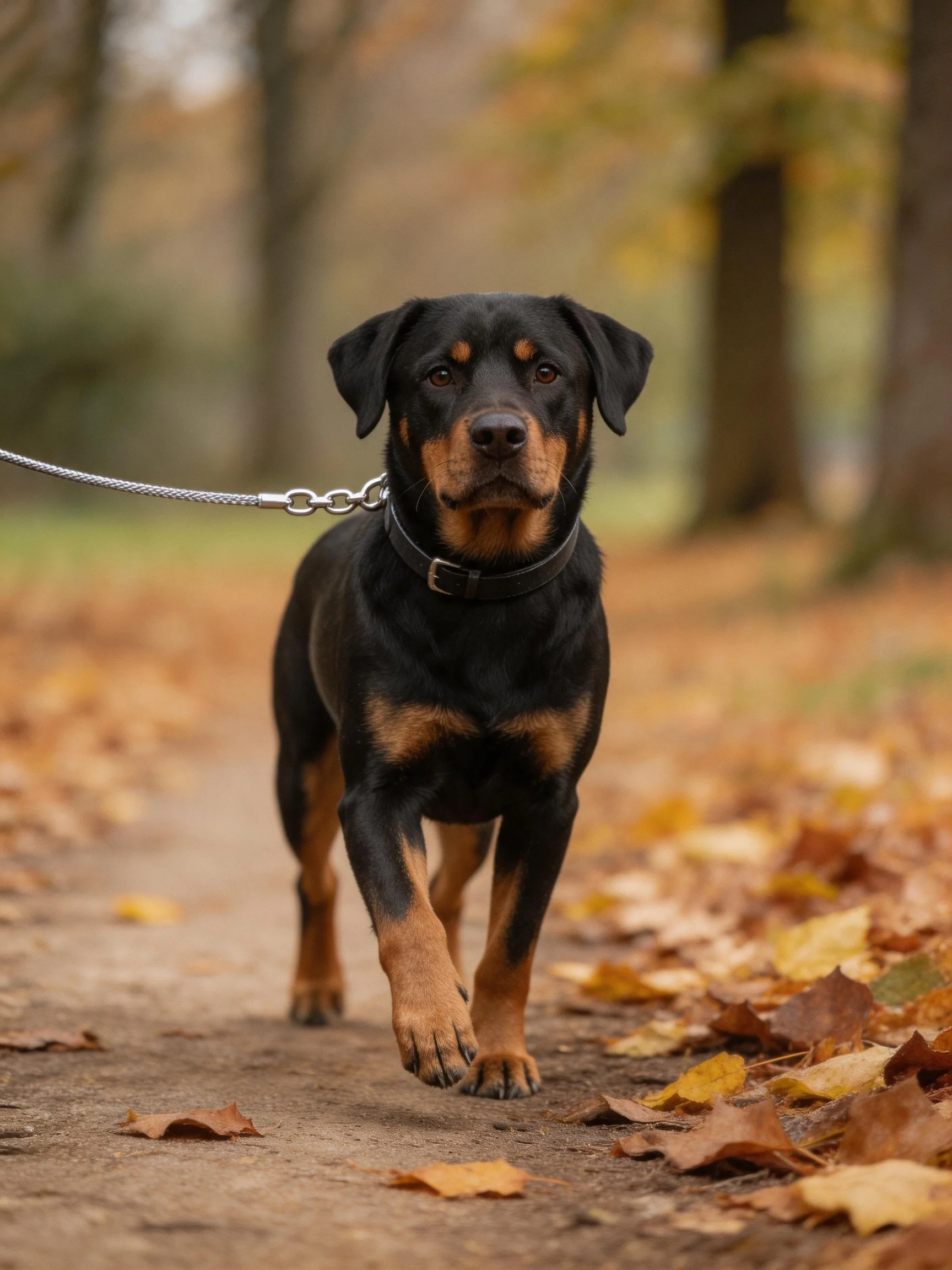 A black and tan dog walks along an autumn leaf-covered path