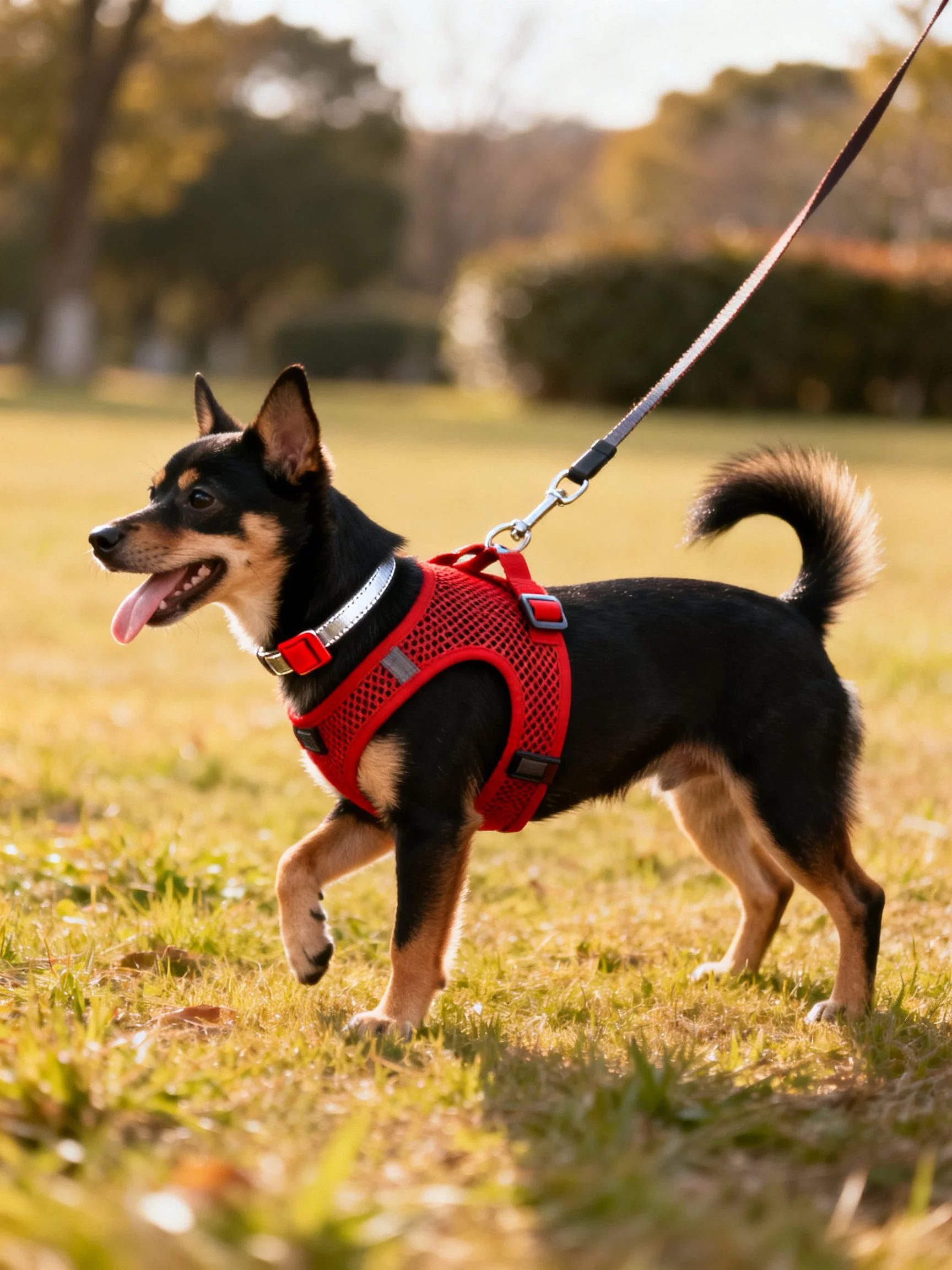 A small black and tan dog walks on grass with a red harness