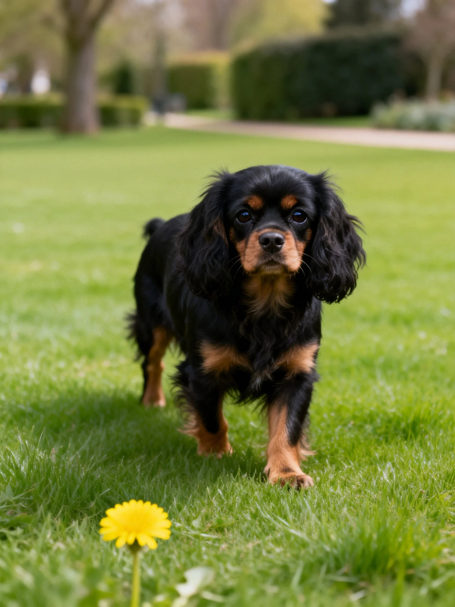 A black and tan dog approaches a yellow flower in a grassy park.