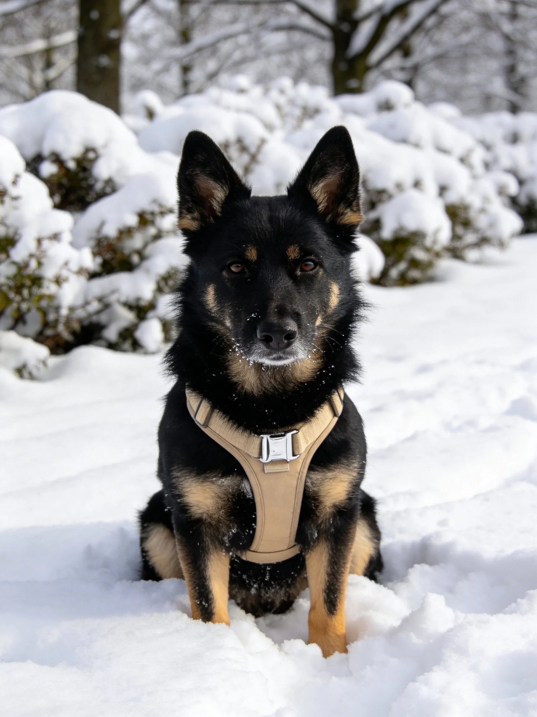 A black and tan dog wearing a harness sits in a snowy landscape