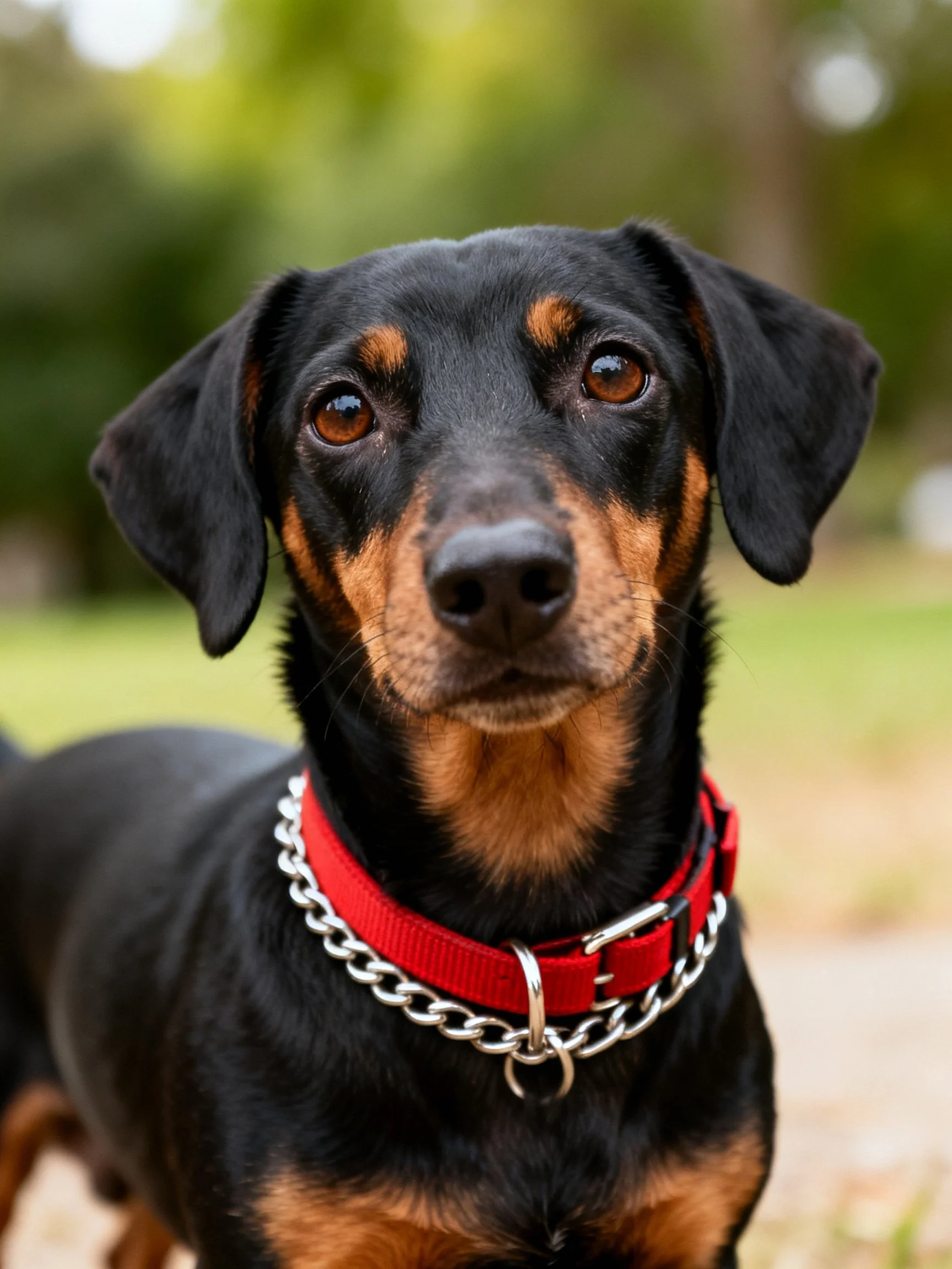 A close - up of a black and tan dog with a red collar and silver chain.