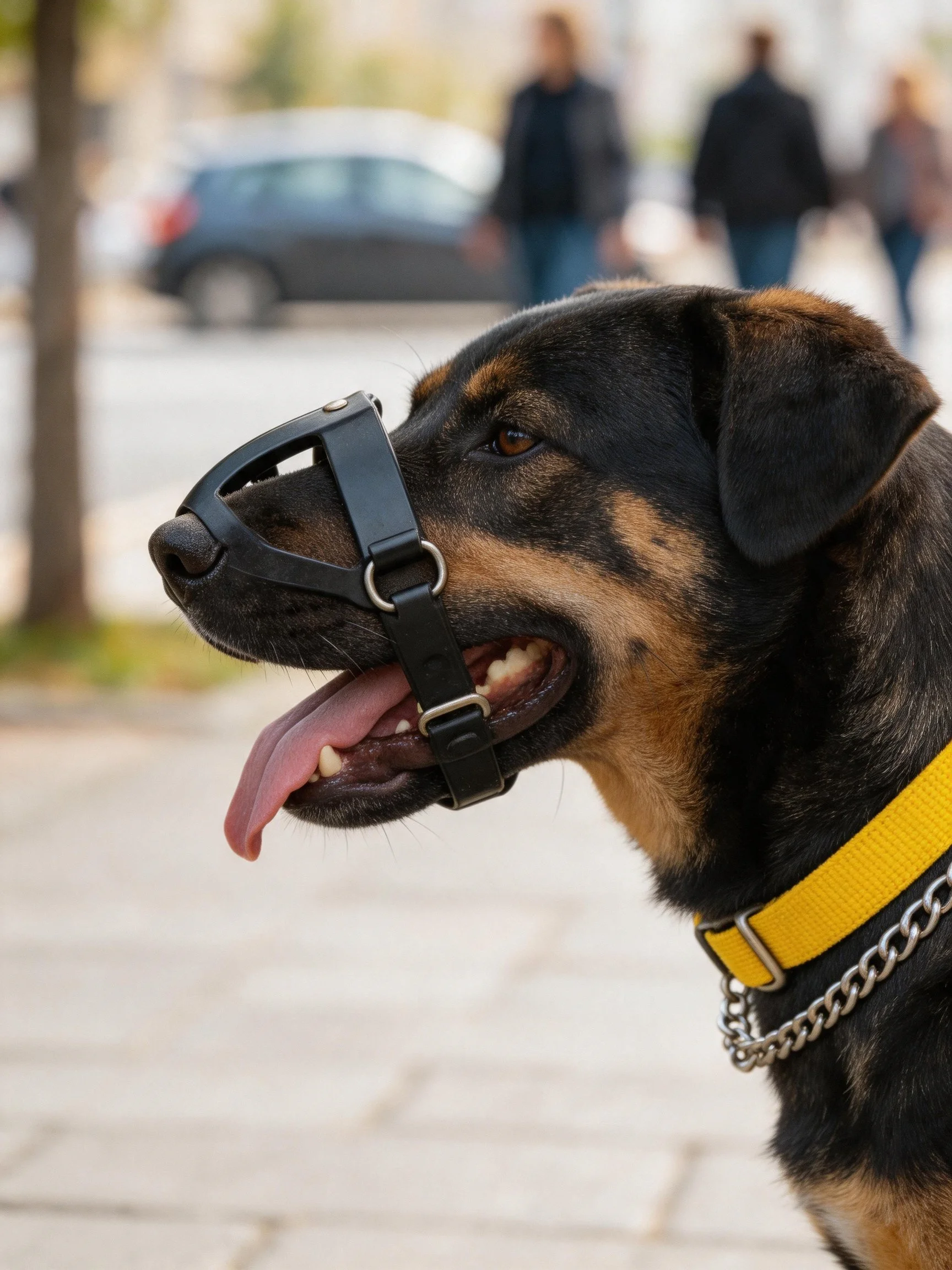 A black and tan dog wears a black muzzle on a sidewalk