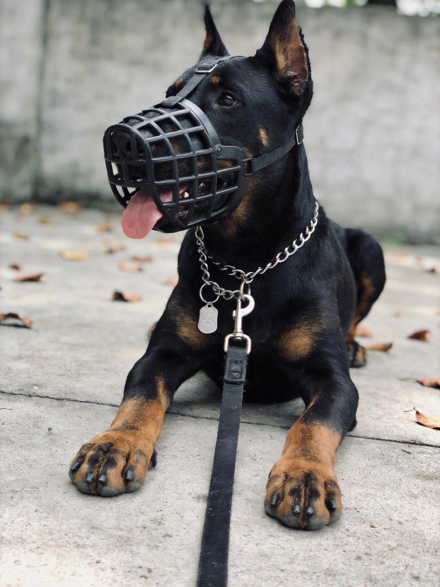 A black and tan dog wears a metal muzzle, silver chain, and leash