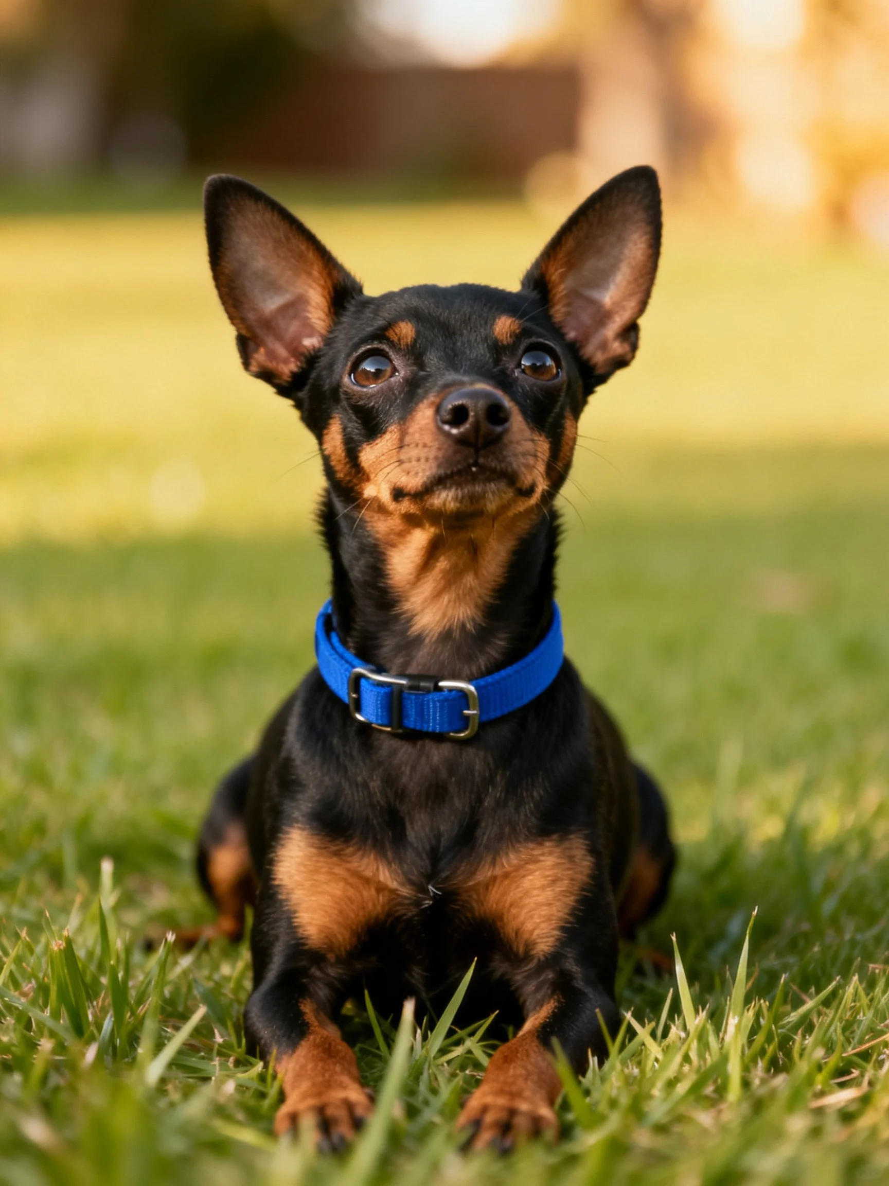 A small black and tan dog with a blue collar sits peacefully on grass in a sunlit outdoor space.