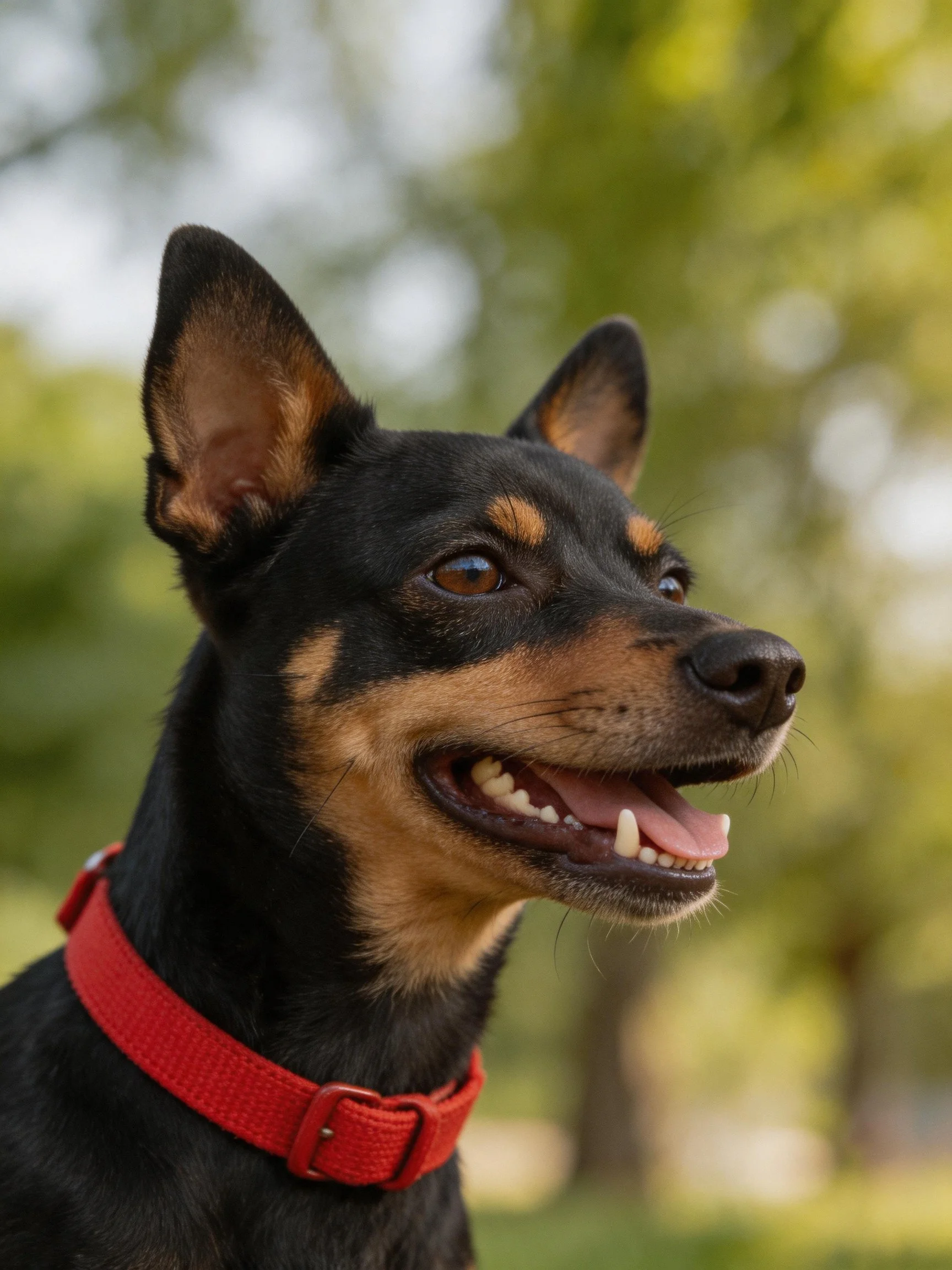 A black and tan dog with a red collar is outdoors near blurred green trees.