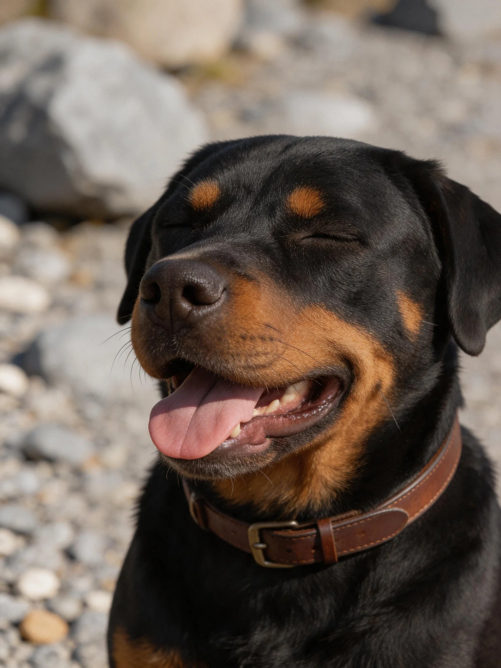 A black and tan dog closes its eyes to enjoy the sunny day