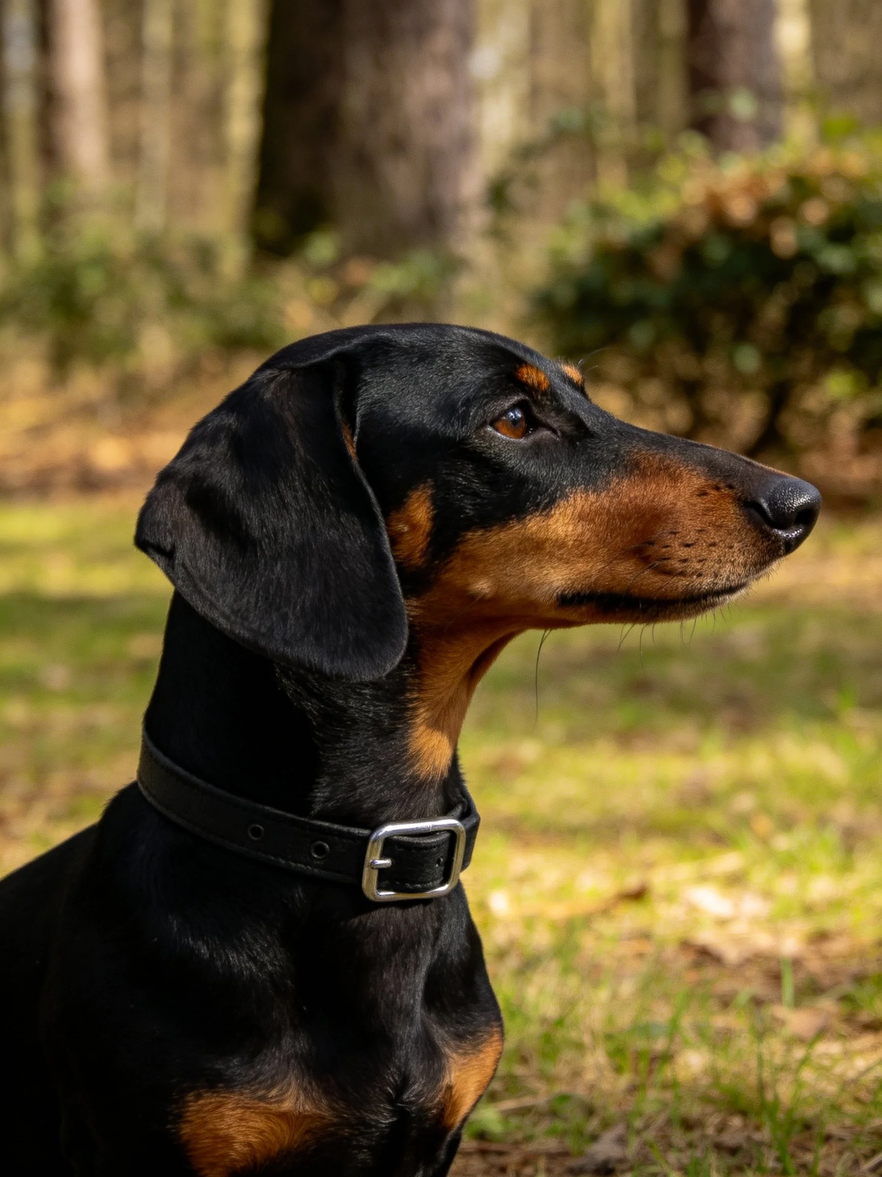A black and tan dog with a leather collar sits in a sunlit wooded area.