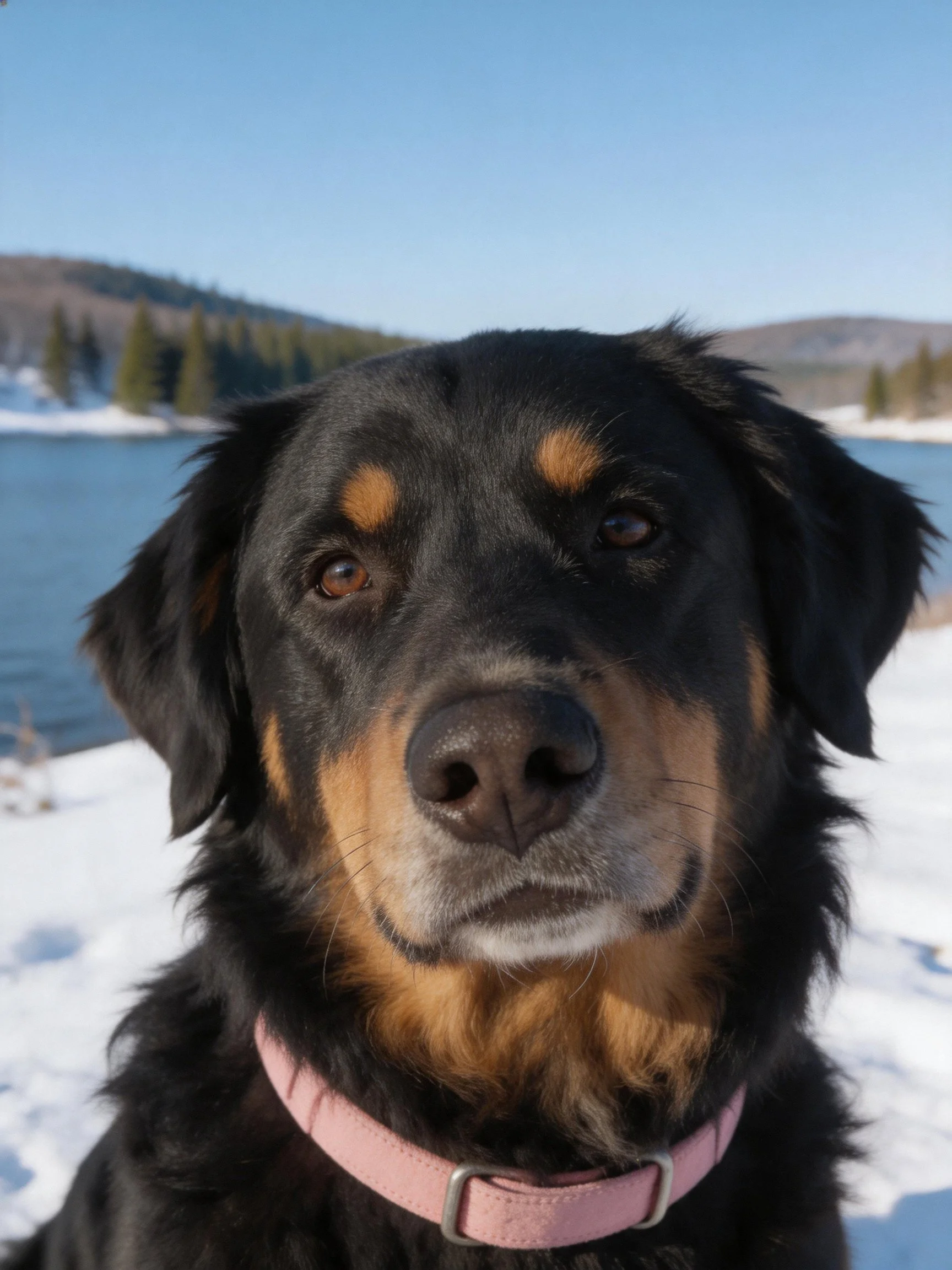 A black and tan dog rests near a snowy lakeside with trees and hills