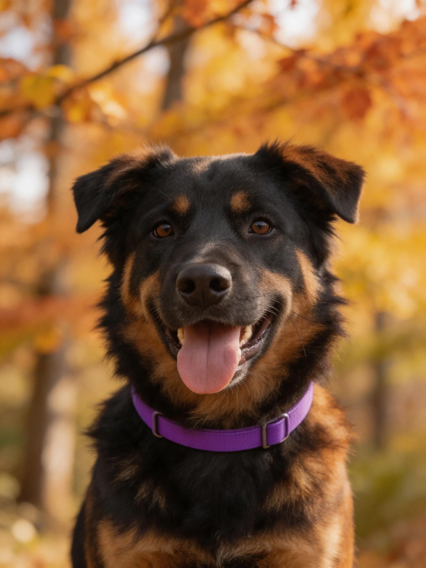 A black and tan dog with a purple collar stands amid golden autumn