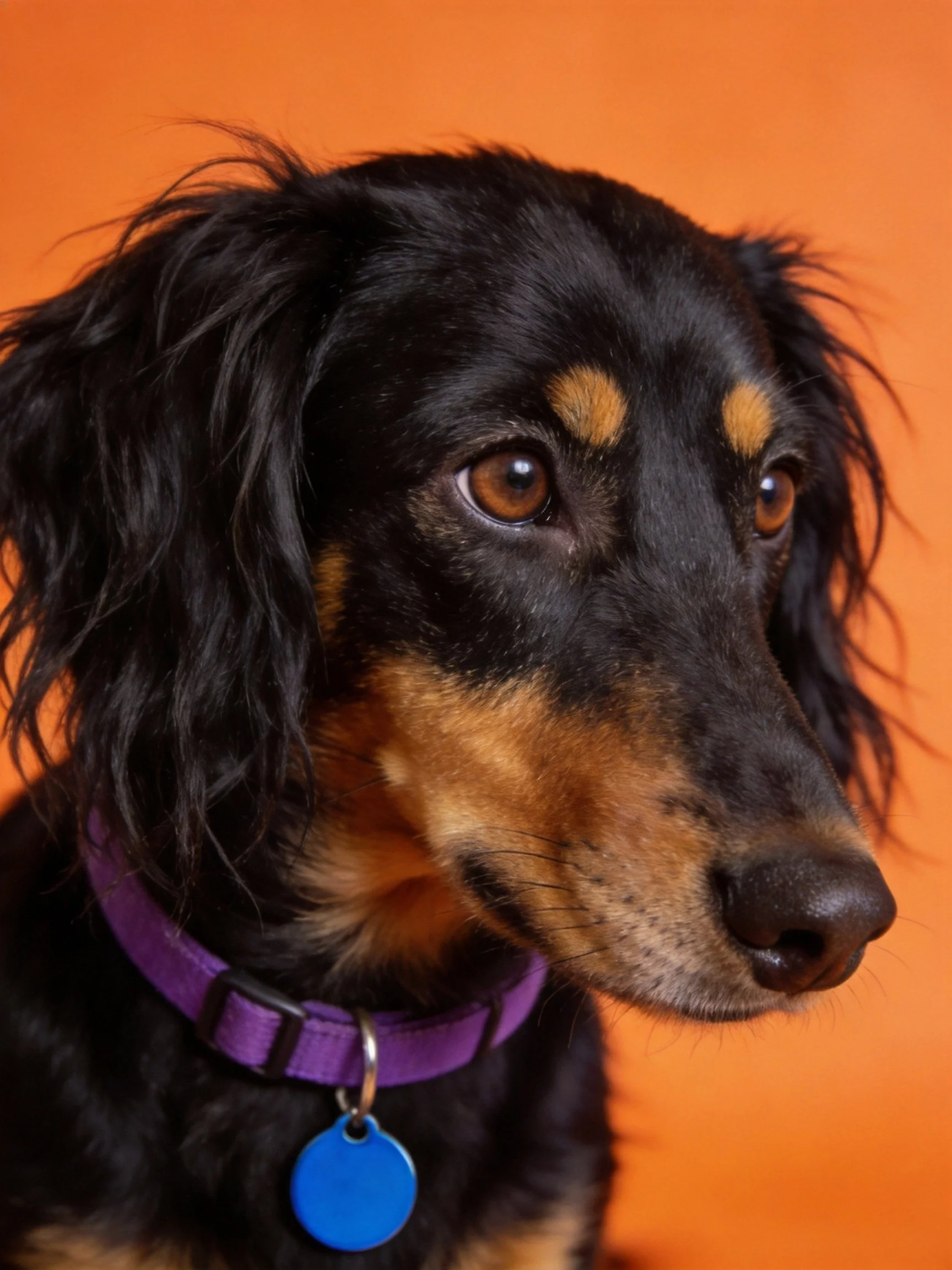 A black and tan dog with a purple collar stands before an orange background.