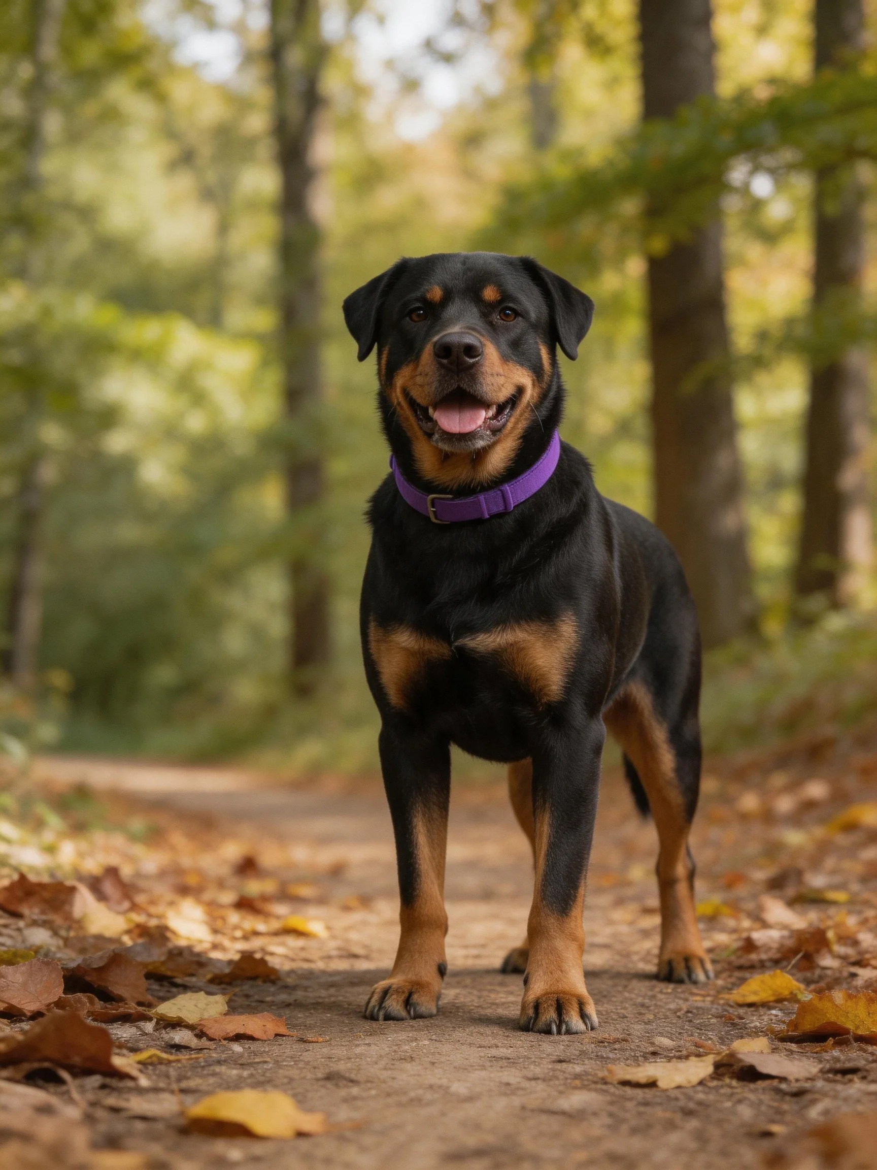 A black and tan dog with a purple collar stands on a leaf-covered forest path.