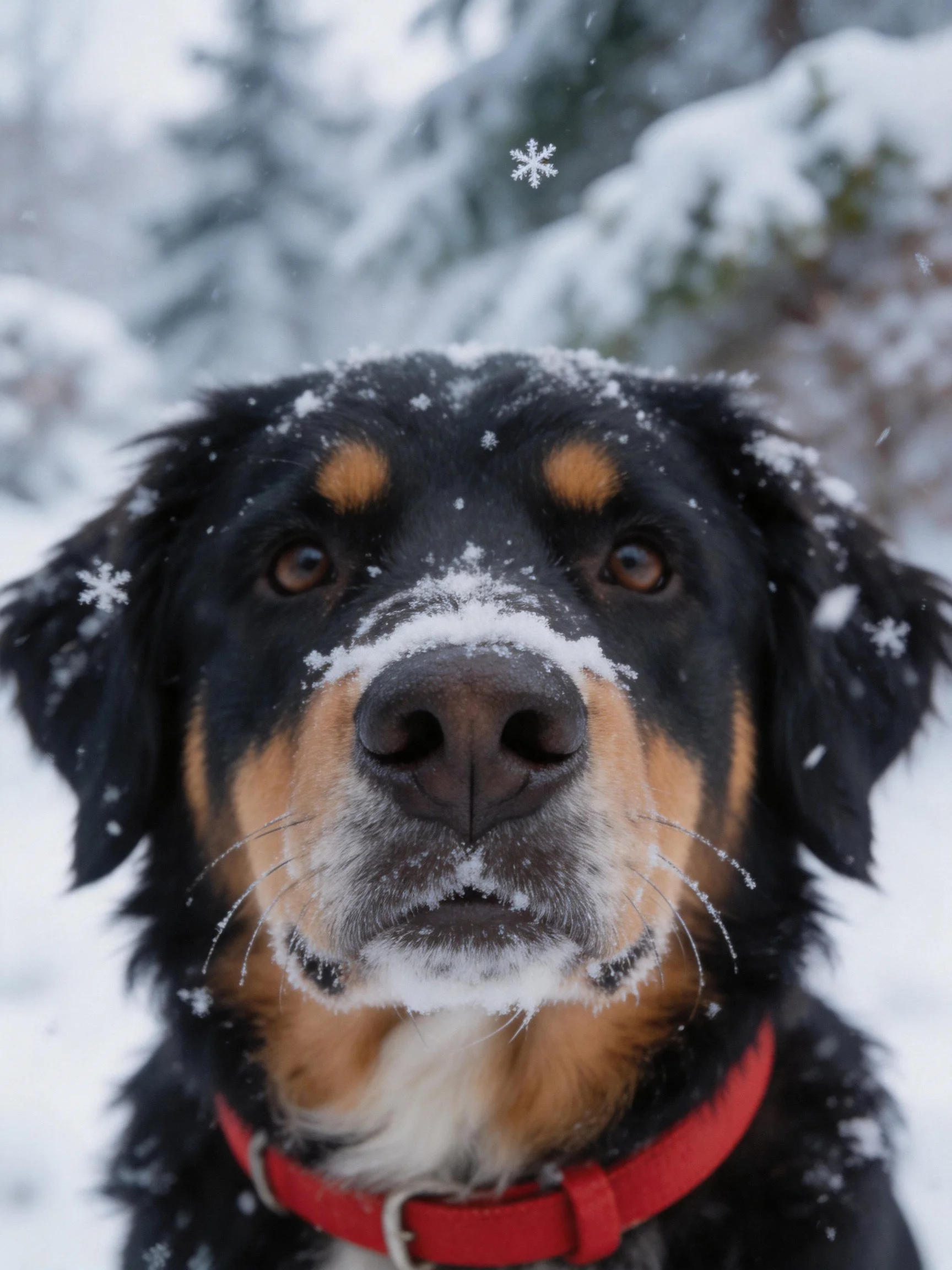 A black and tan dog with a red collar dusted in snowflakes