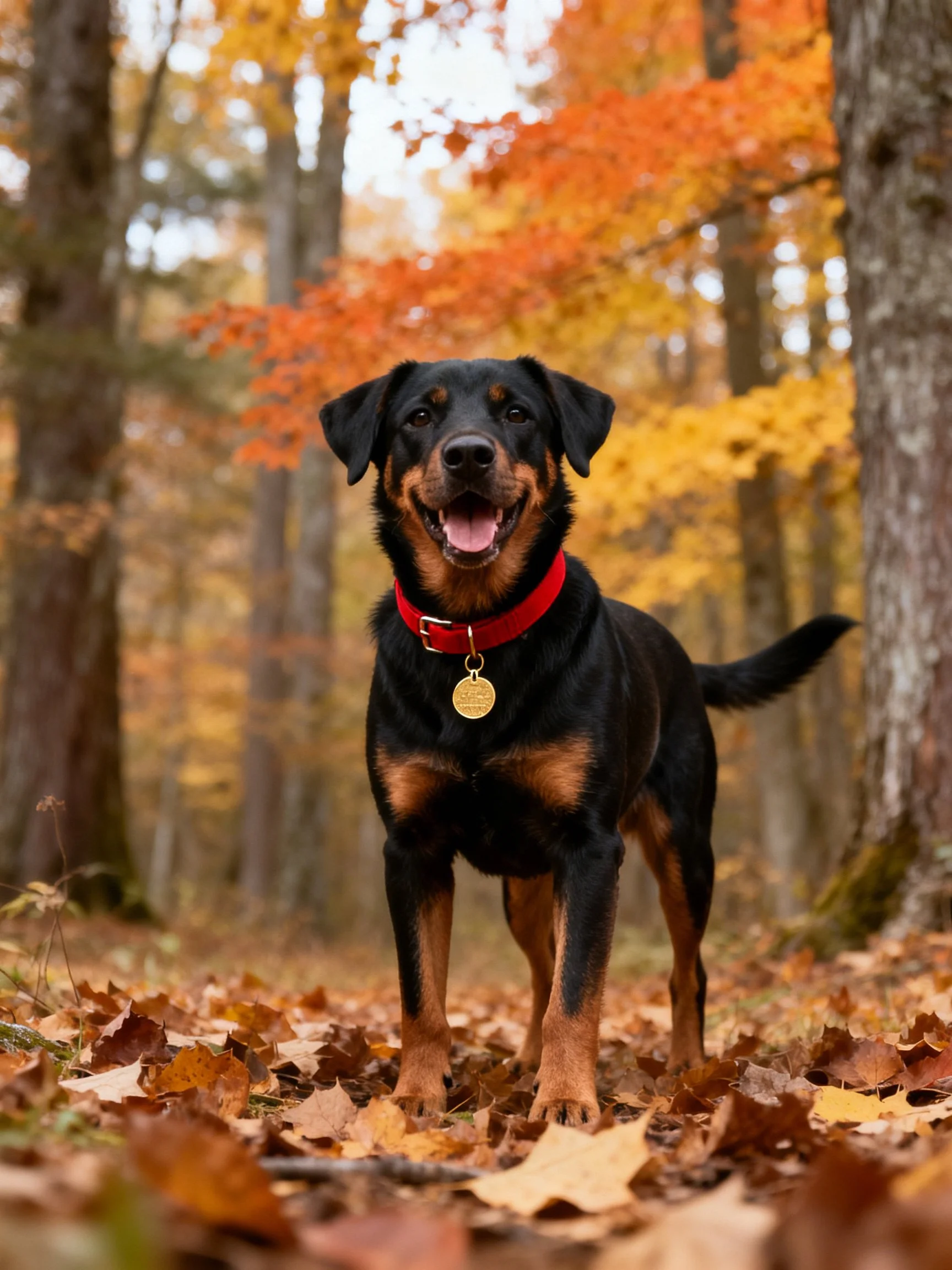 A black and tan dog with a red collar stands amid autumn foliage in a forest.